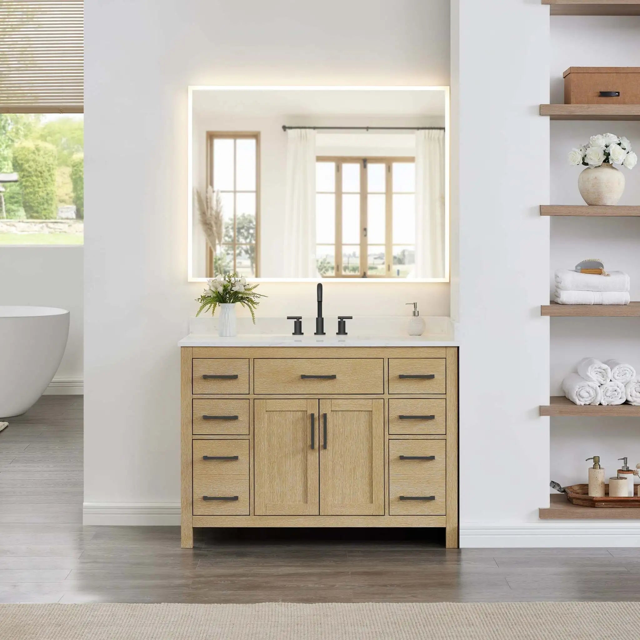48" Beckett Single Bathroom Vanity in Whitewashed Oak with Matte Black Trim by Wyndham