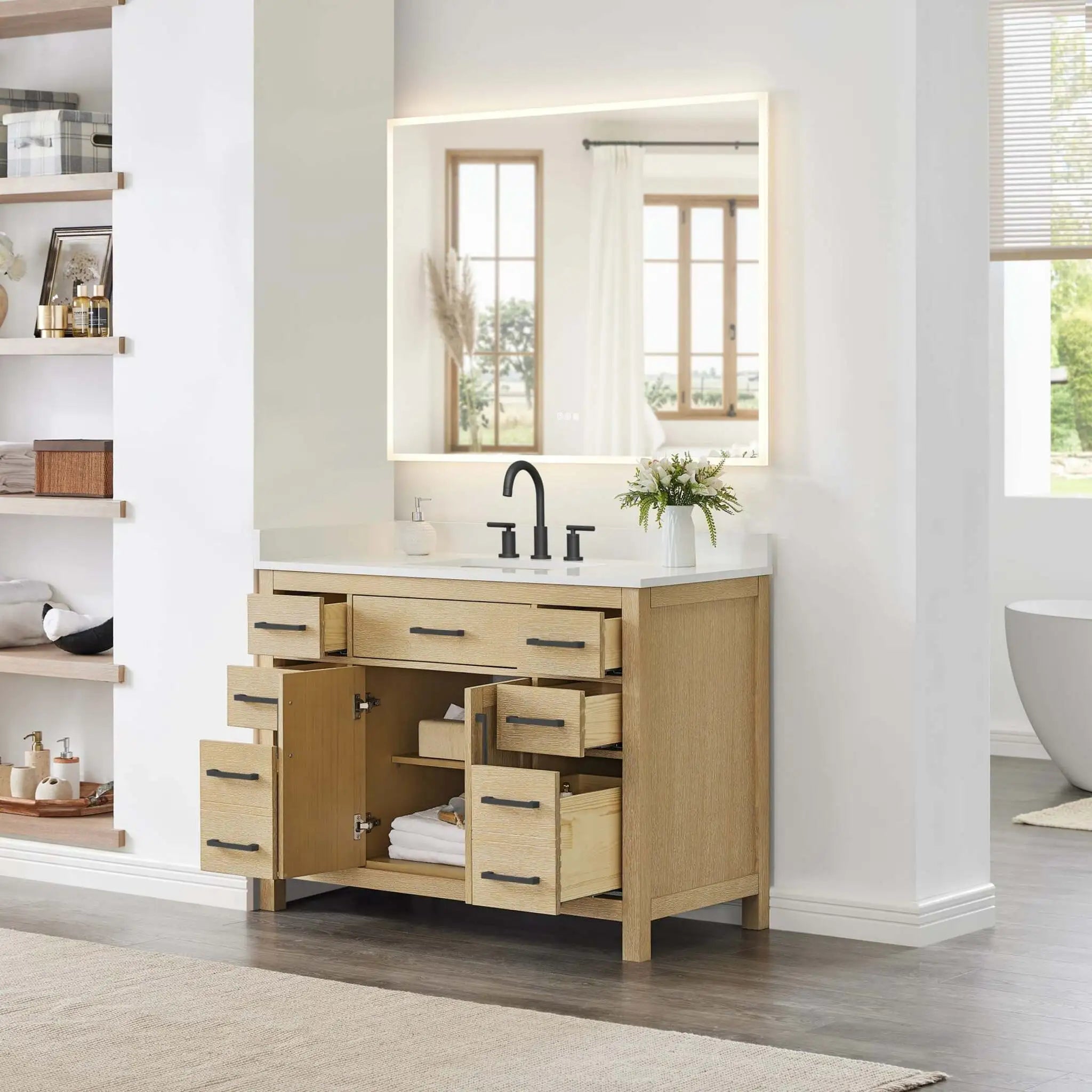 48" Beckett Single Bathroom Vanity in Whitewashed Oak with Matte Black Trim by Wyndham