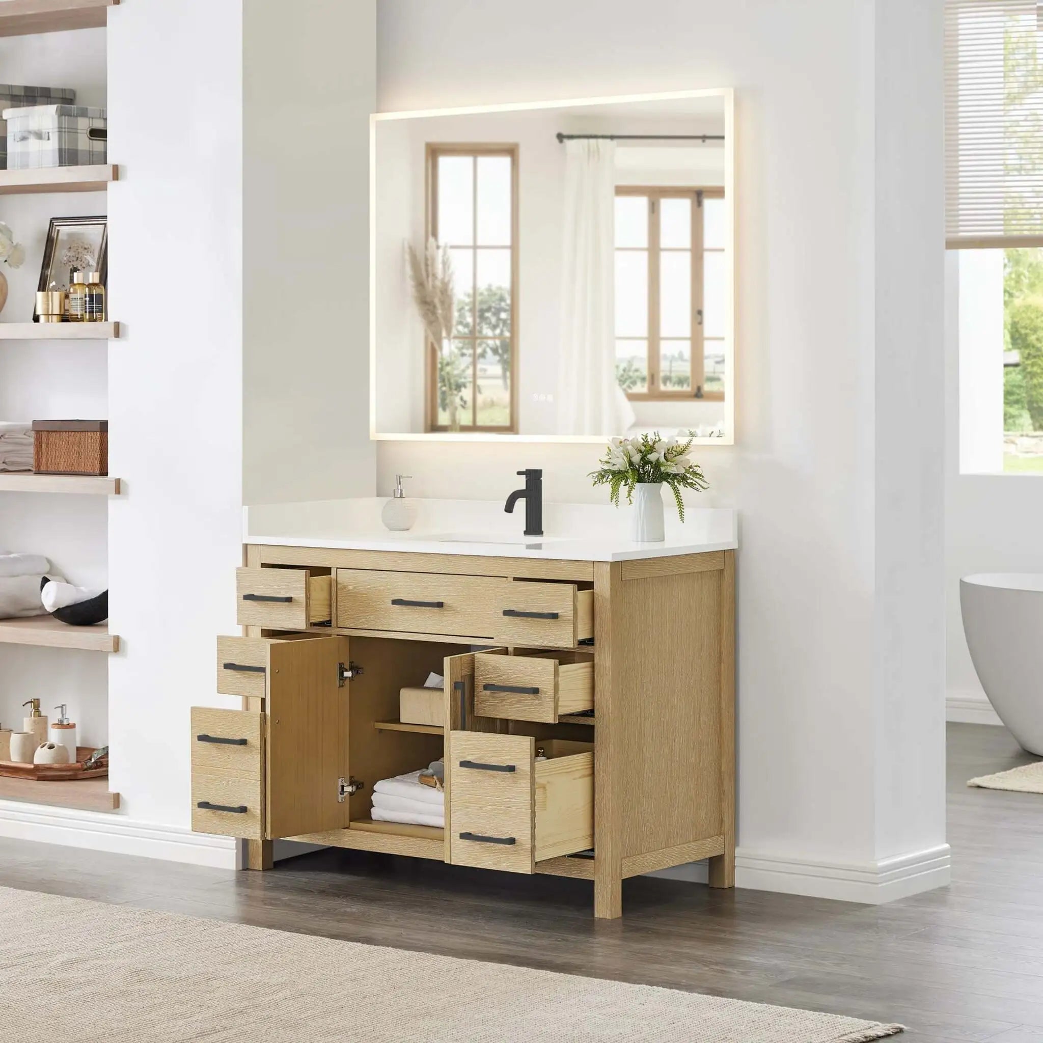48" Beckett Single Bathroom Vanity in Whitewashed Oak with Matte Black Trim by Wyndham