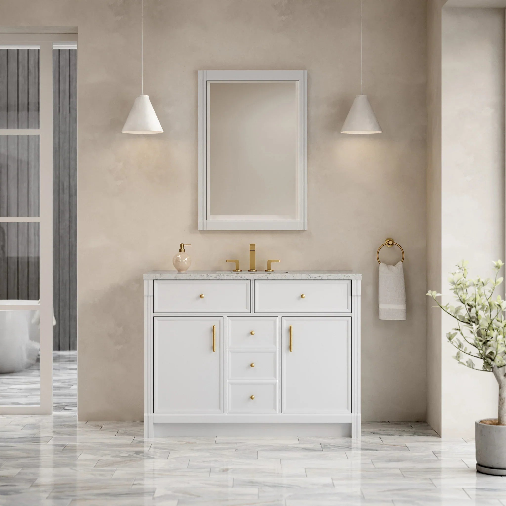 48" Bellshire Single Vanity in Bright White w/FreePower Wireless Charger by James Martin Vanities-Eternal Jasmine Pearl Silestone 1