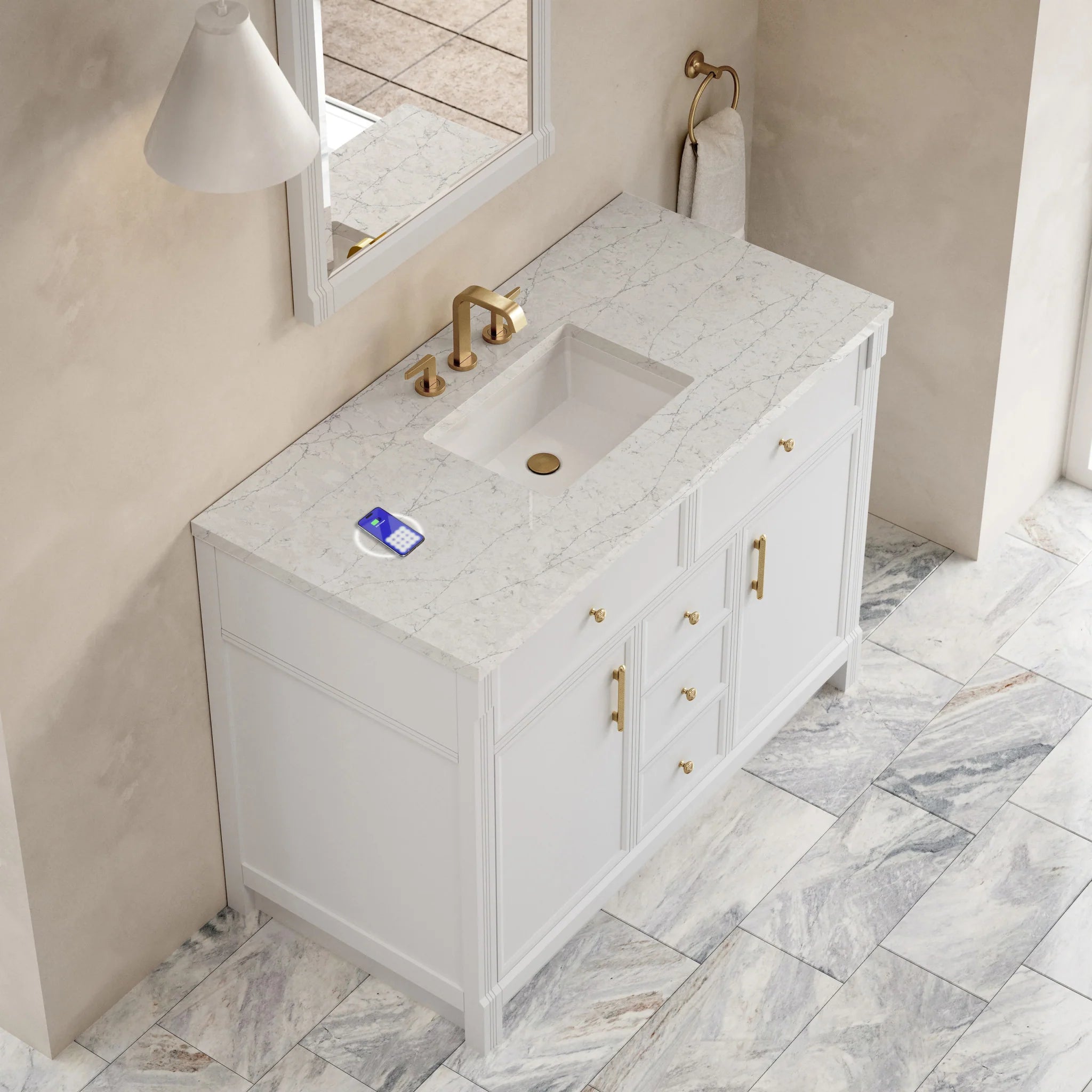 48" Bellshire Single Vanity in Bright White w/FreePower Wireless Charger by James Martin Vanities-Eternal Jasmine Pearl Silestone 5