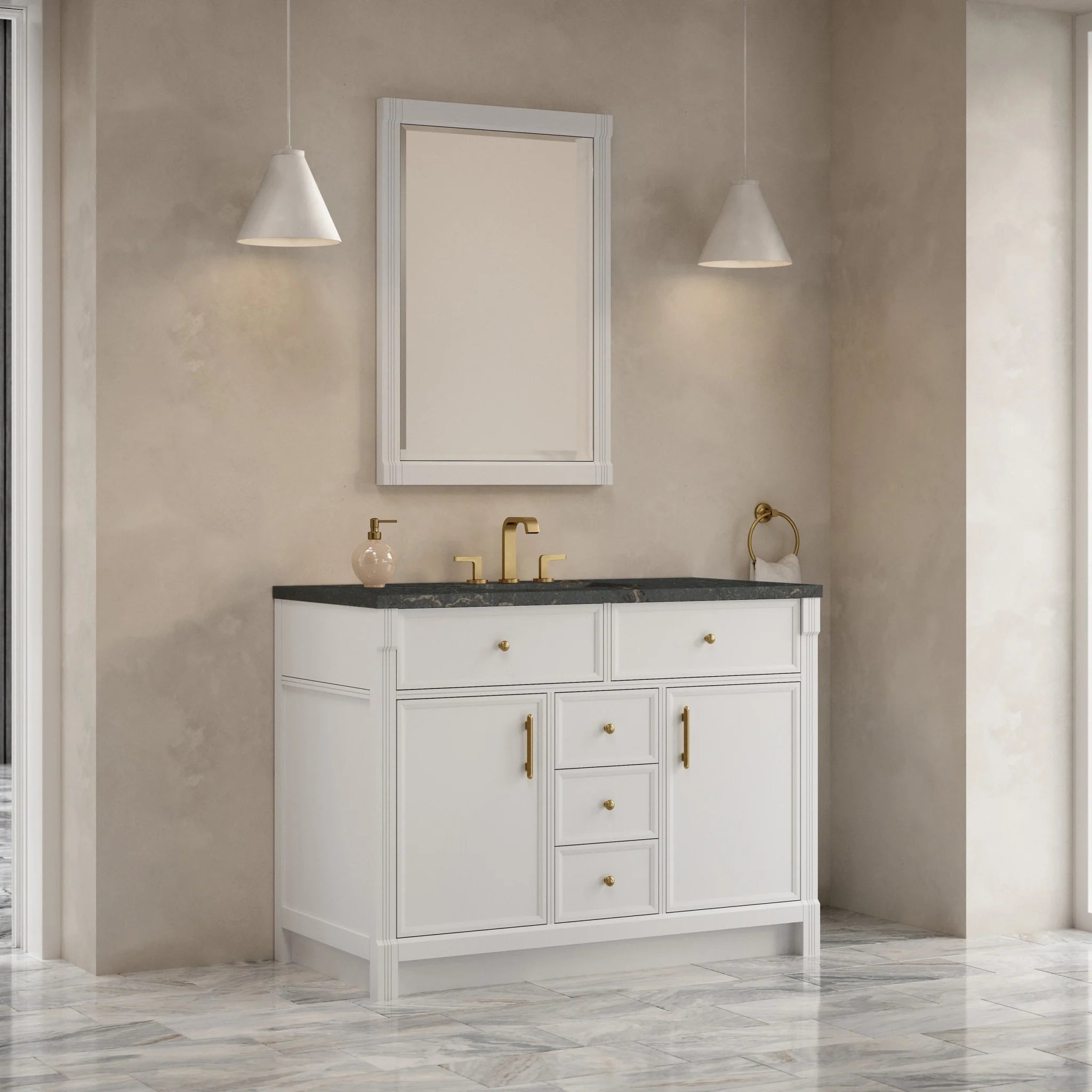 48" Bellshire Single Vanity in Bright White w/FreePower Wireless Charger by James Martin Vanities-Parisien Bleu Silestone 2