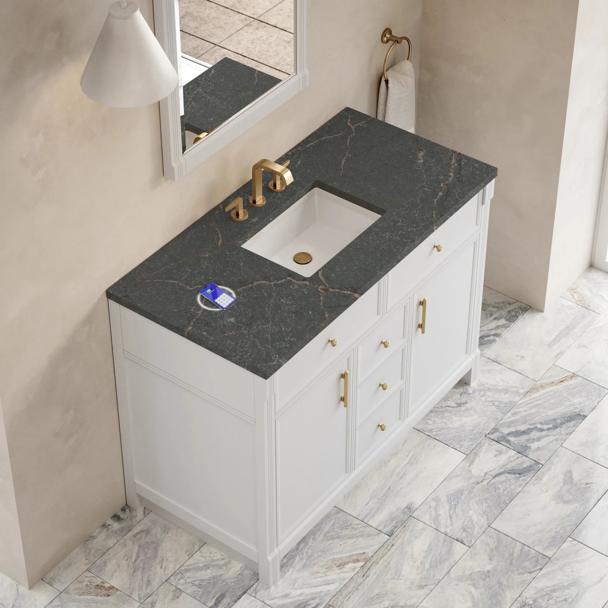 48" Bellshire Single Vanity in Bright White w/FreePower Wireless Charger by James Martin Vanities-Parisien Bleu Silestone 5