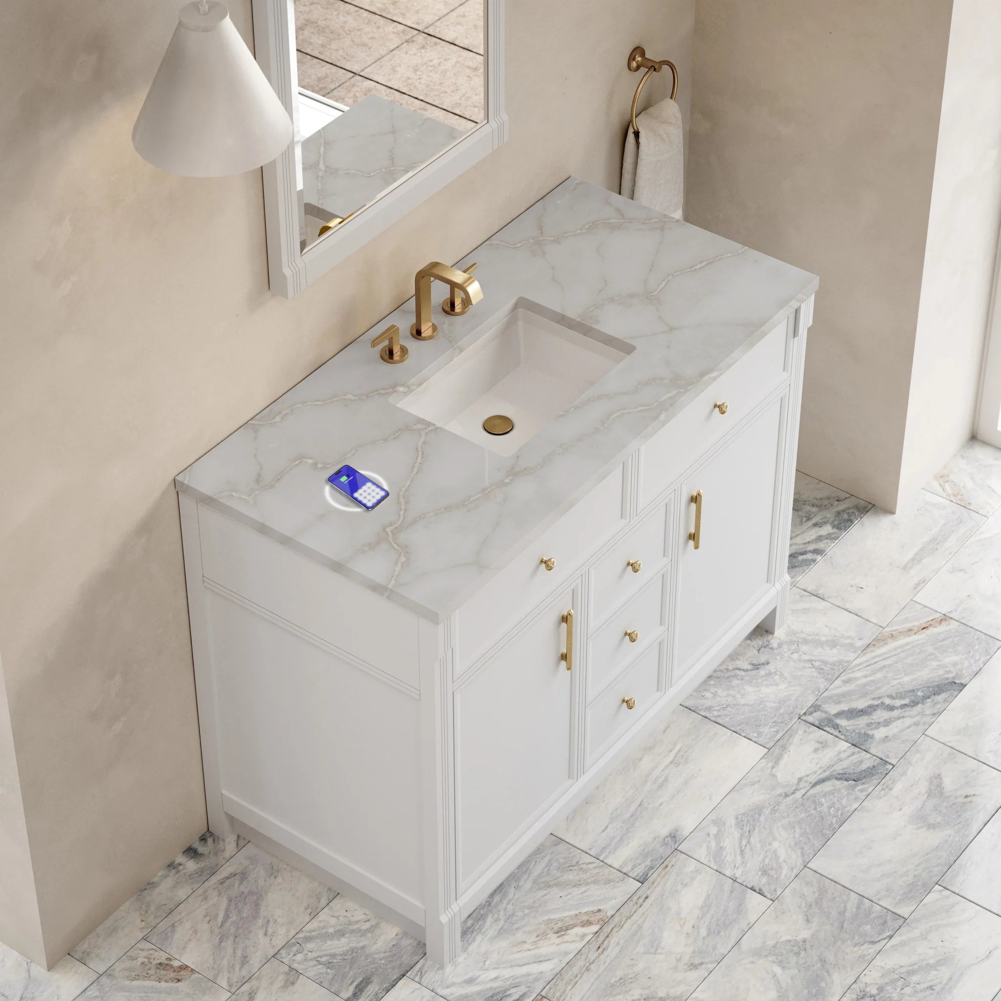 48" Bellshire Single Vanity in Bright White w/FreePower Wireless Charger by James Martin Vanities-Victorian Silver Silestone 5