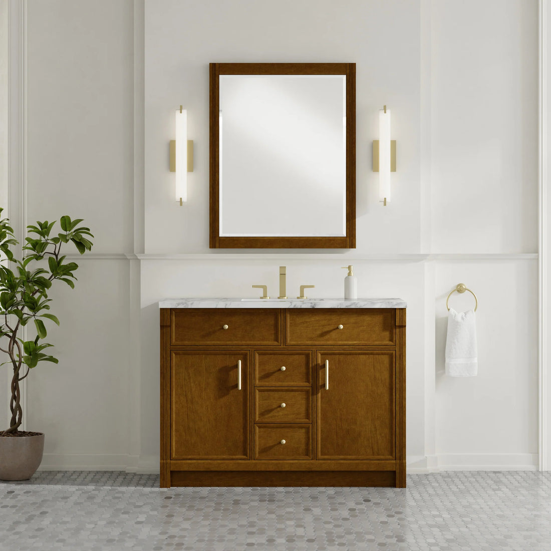 48" Bellshire Single Vanity in Honey Oak by James Martin Vanities-Carrara White Marble 1