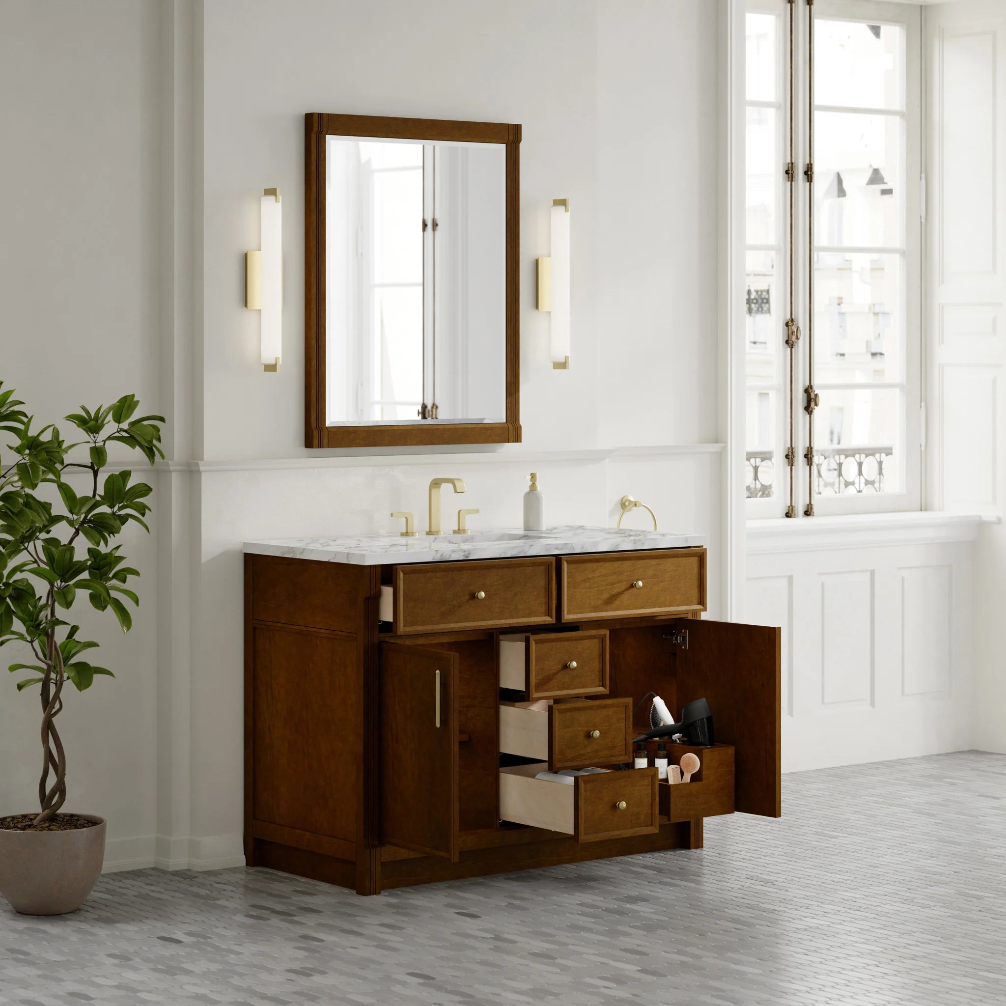 48" Bellshire Single Vanity in Honey Oak by James Martin Vanities-Carrara White Marble 3