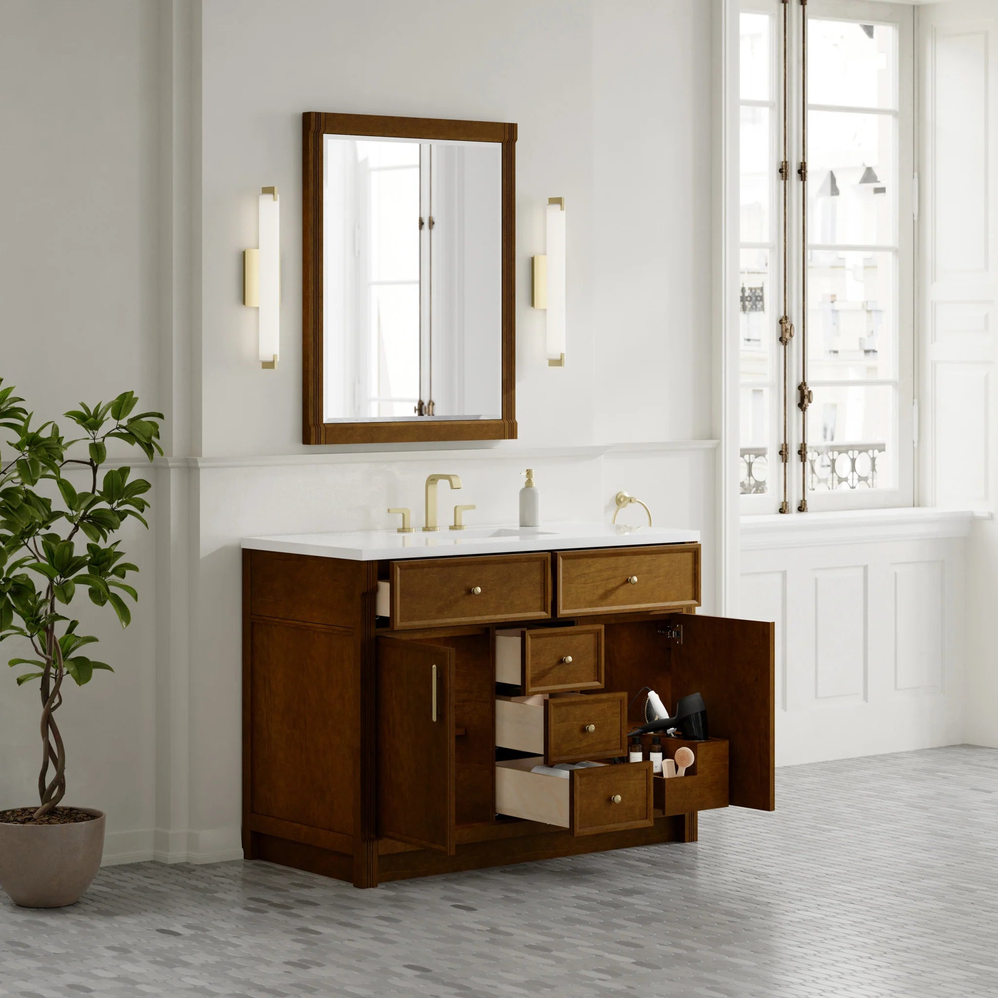 48" Bellshire Single Vanity in Honey Oak by James Martin Vanities-White Zeus Silestone 5