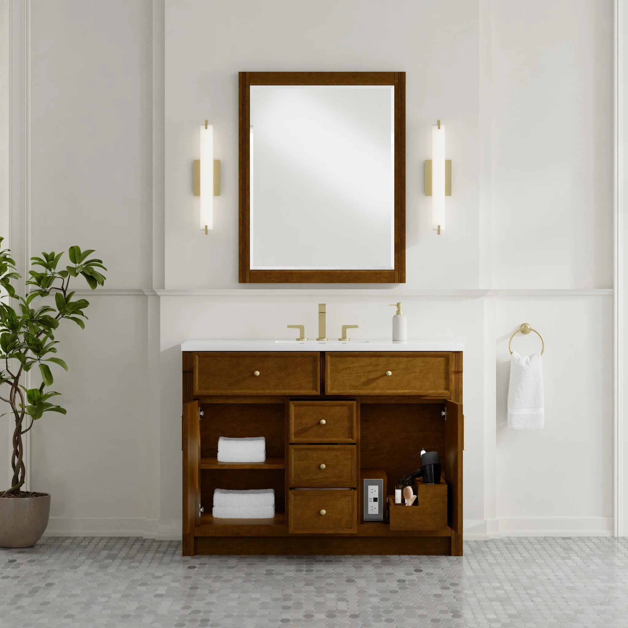 48" Bellshire Single Vanity in Honey Oak by James Martin Vanities-White Zeus Silestone 6