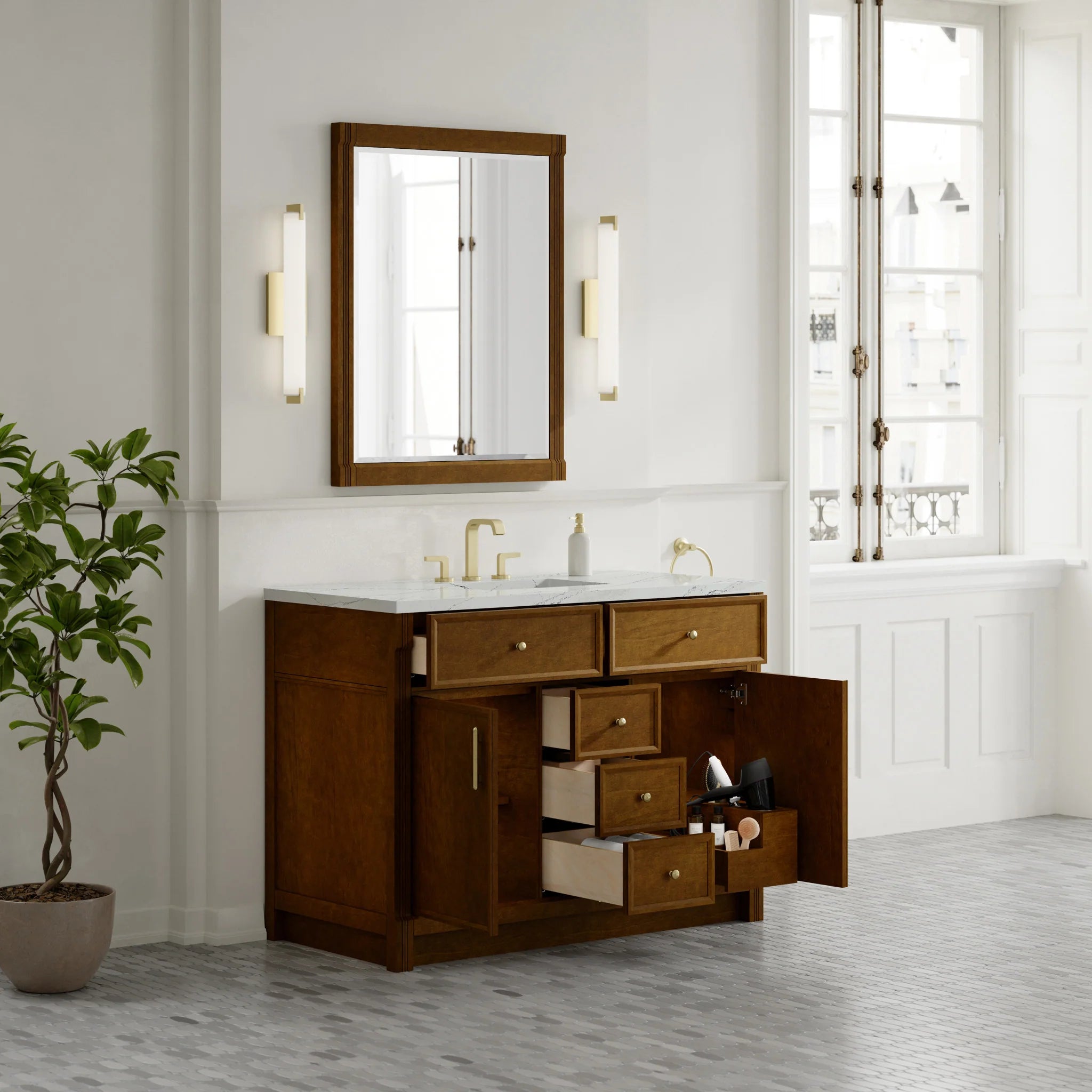 48" Bellshire Single Vanity in Honey Oak w/FreePower Wireless Charger by James Martin Vanities-Ethereal Noctis Silestone 3