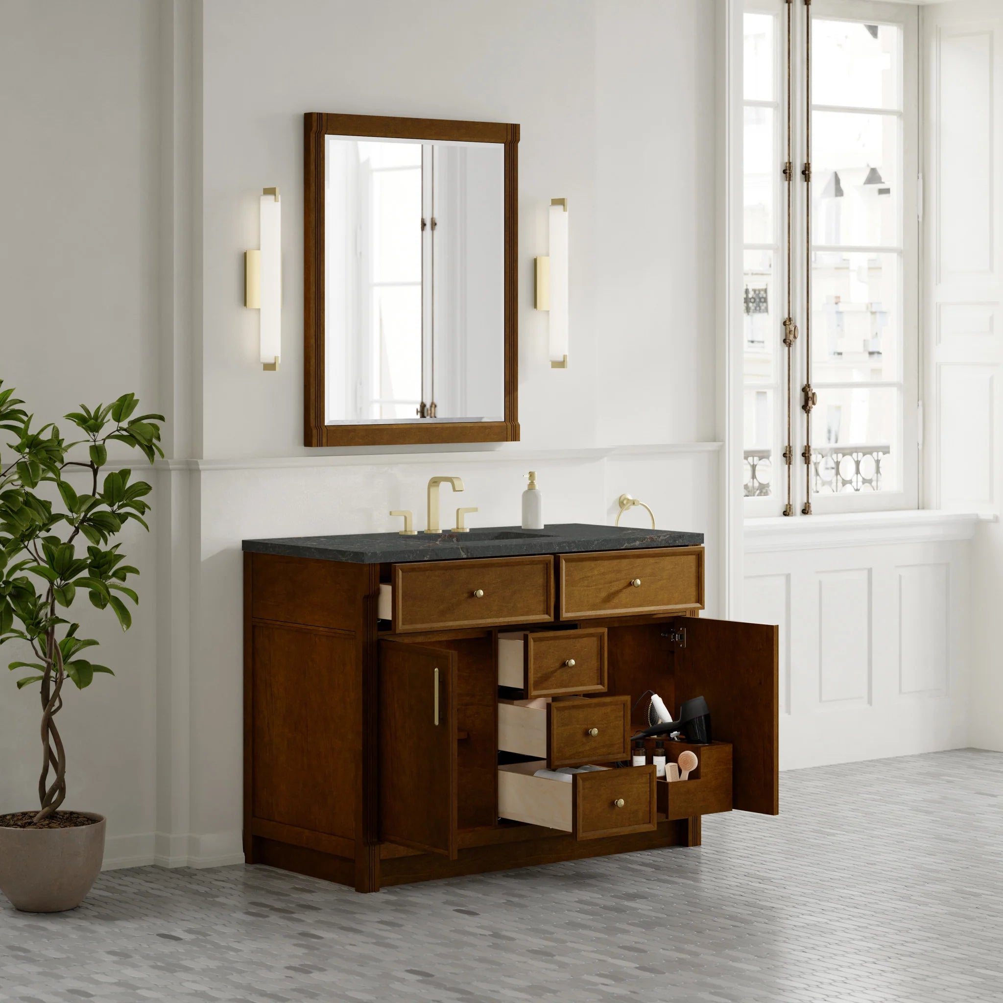 48" Bellshire Single Vanity in Honey Oak w/FreePower Wireless Charger by James Martin Vanities-Parisien Bleu Silestone 3
