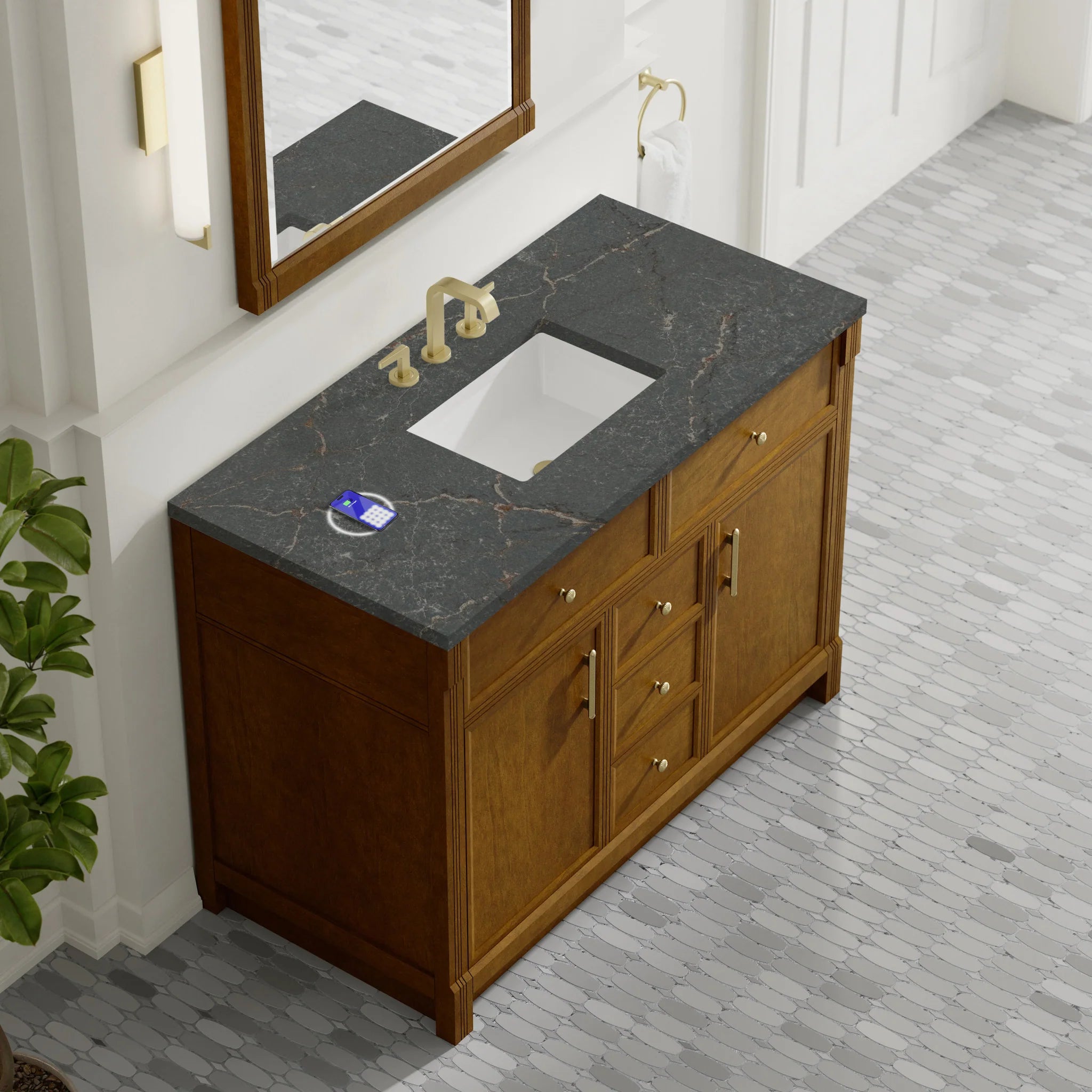 48" Bellshire Single Vanity in Honey Oak w/FreePower Wireless Charger by James Martin Vanities-Parisien Bleu Silestone 5