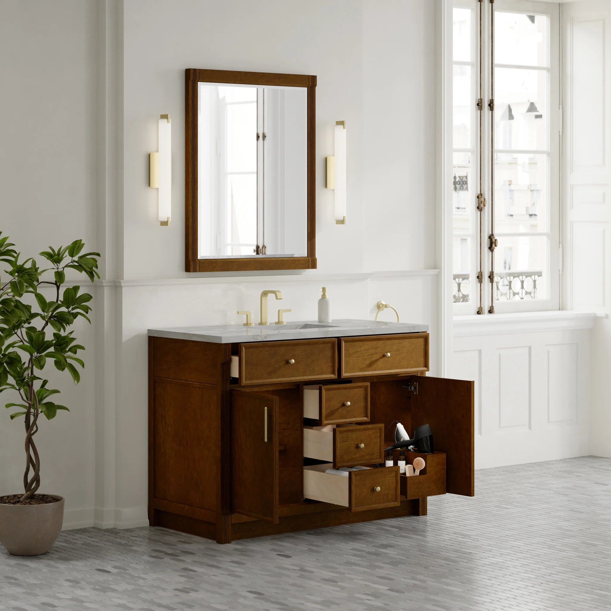 48" Bellshire Single Vanity in Honey Oak w/FreePower Wireless Charger by James Martin Vanities-Victorian Silver Silestone 3