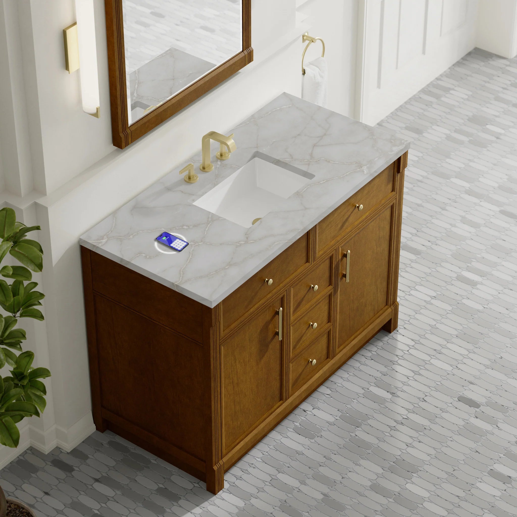 48" Bellshire Single Vanity in Honey Oak w/FreePower Wireless Charger by James Martin Vanities-Victorian Silver Silestone 5