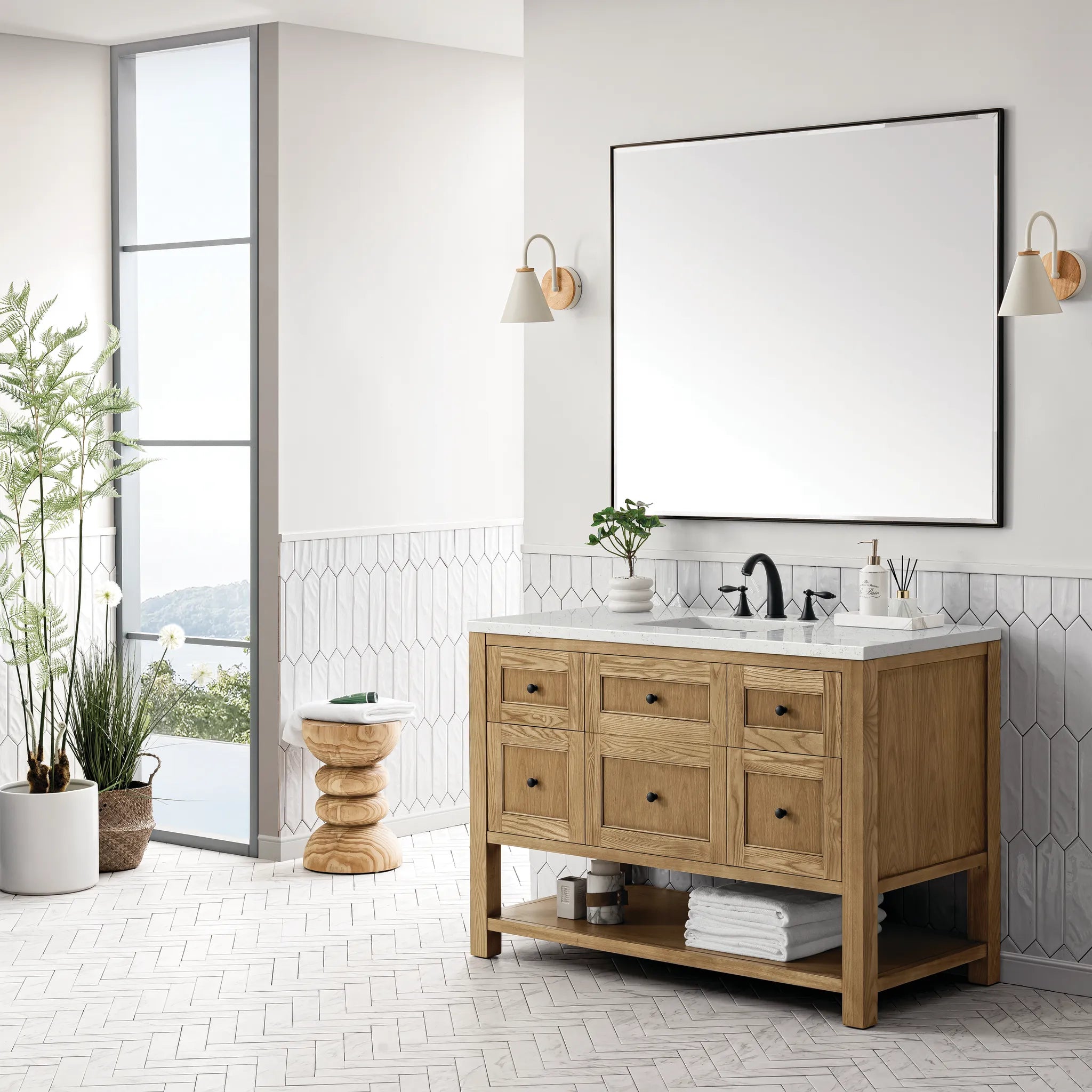 48" Breckenridge Single Vanity in Light Natural Oak-Lime Delight Silestone-8" Widespread image 2
