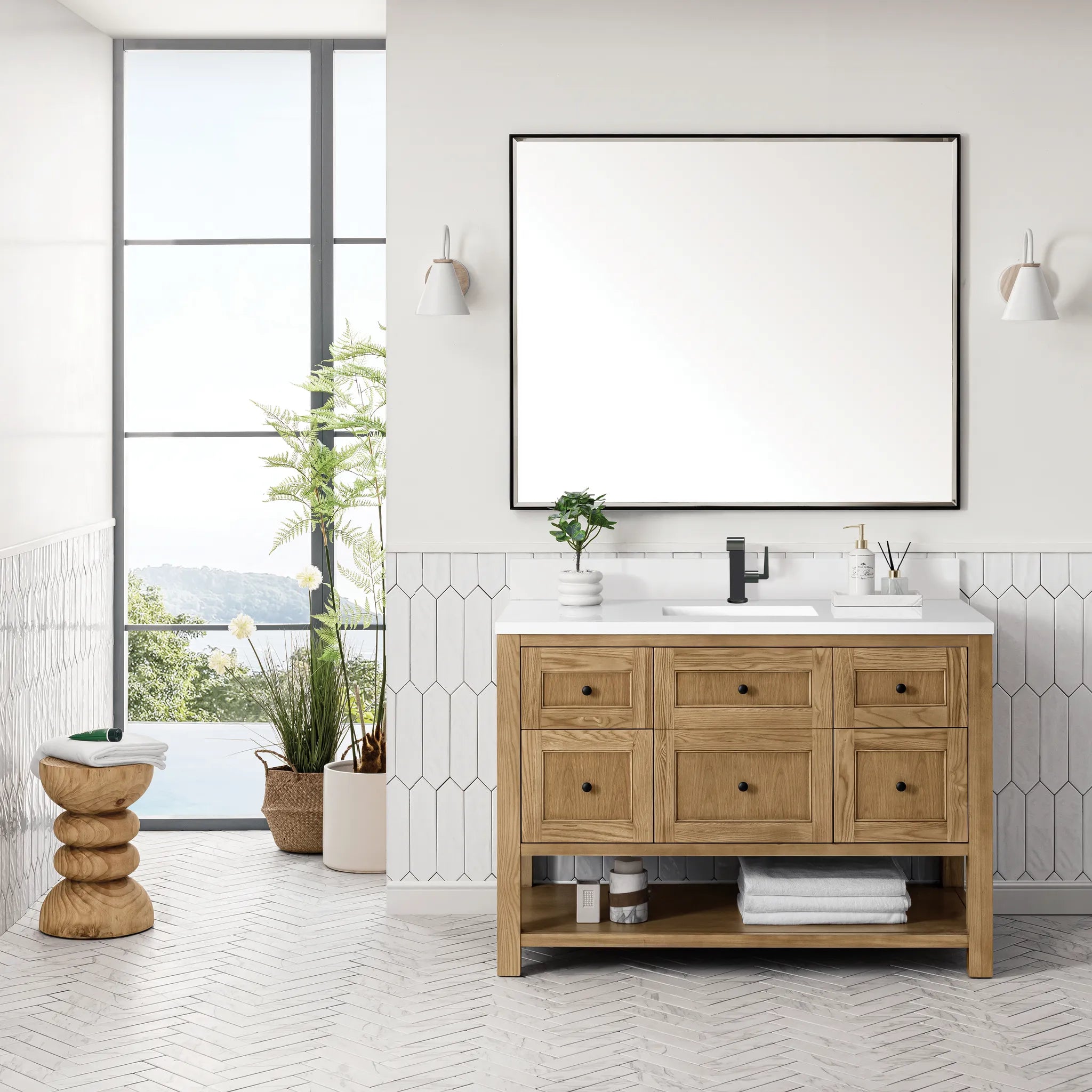 48" Breckenridge Single Vanity in Light Natural Oak-White Zeus Silestone & Backsplash-Single Hole image 1