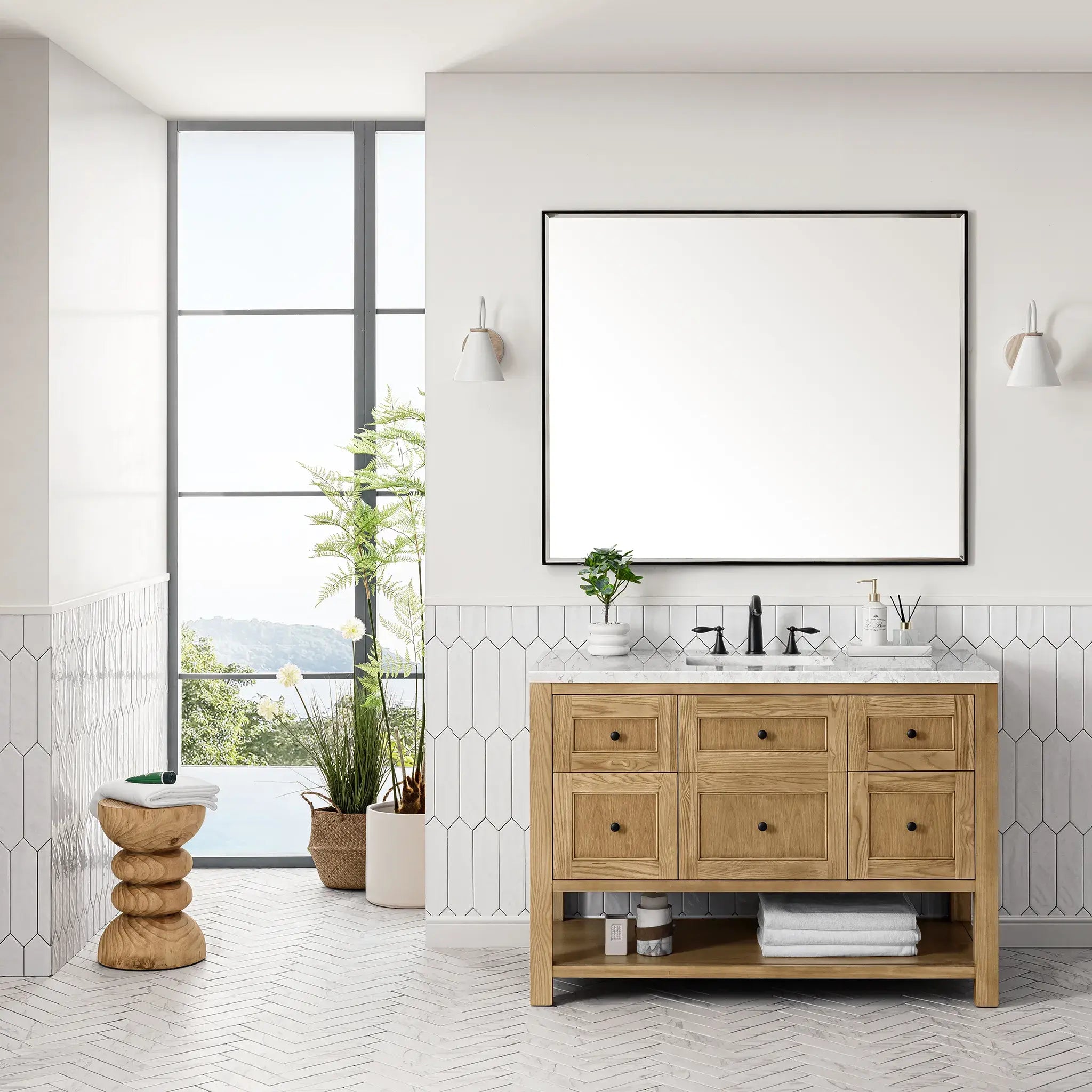 48" Breckenridge Single Vanity in Light Natural Oak Wireless Charger-Eternal Jasmine Pearl Silestone-8" Widespread image 4