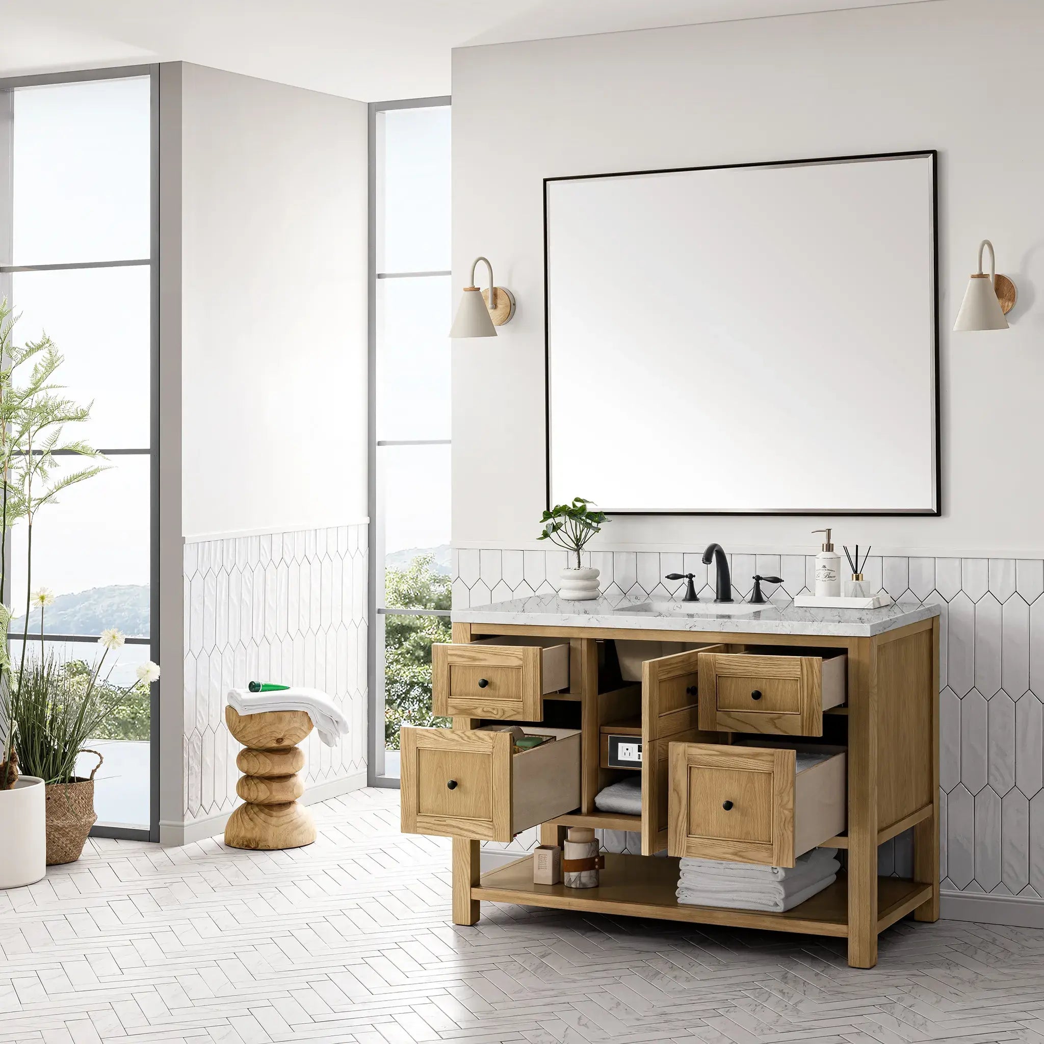 48" Breckenridge Single Vanity in Light Natural Oak Wireless Charger-Eternal Jasmine Pearl Silestone-8" Widespread image 6