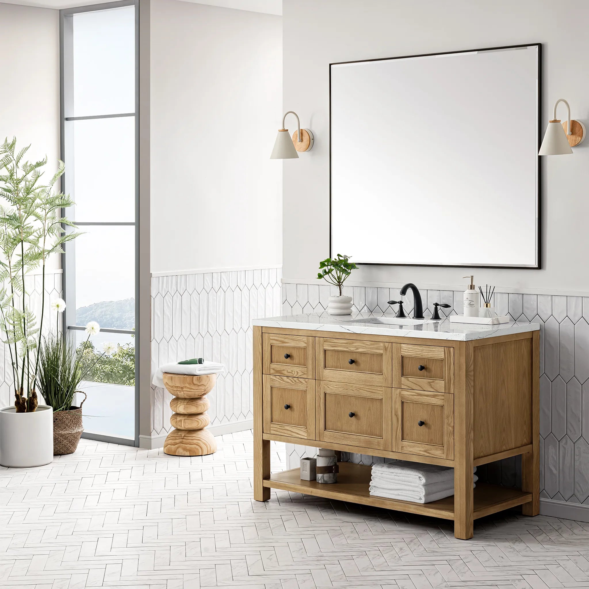 48" Breckenridge Single Vanity in Light Natural Oak Wireless Charger-Ethereal Noctis Silestone-8" Widespread image 5