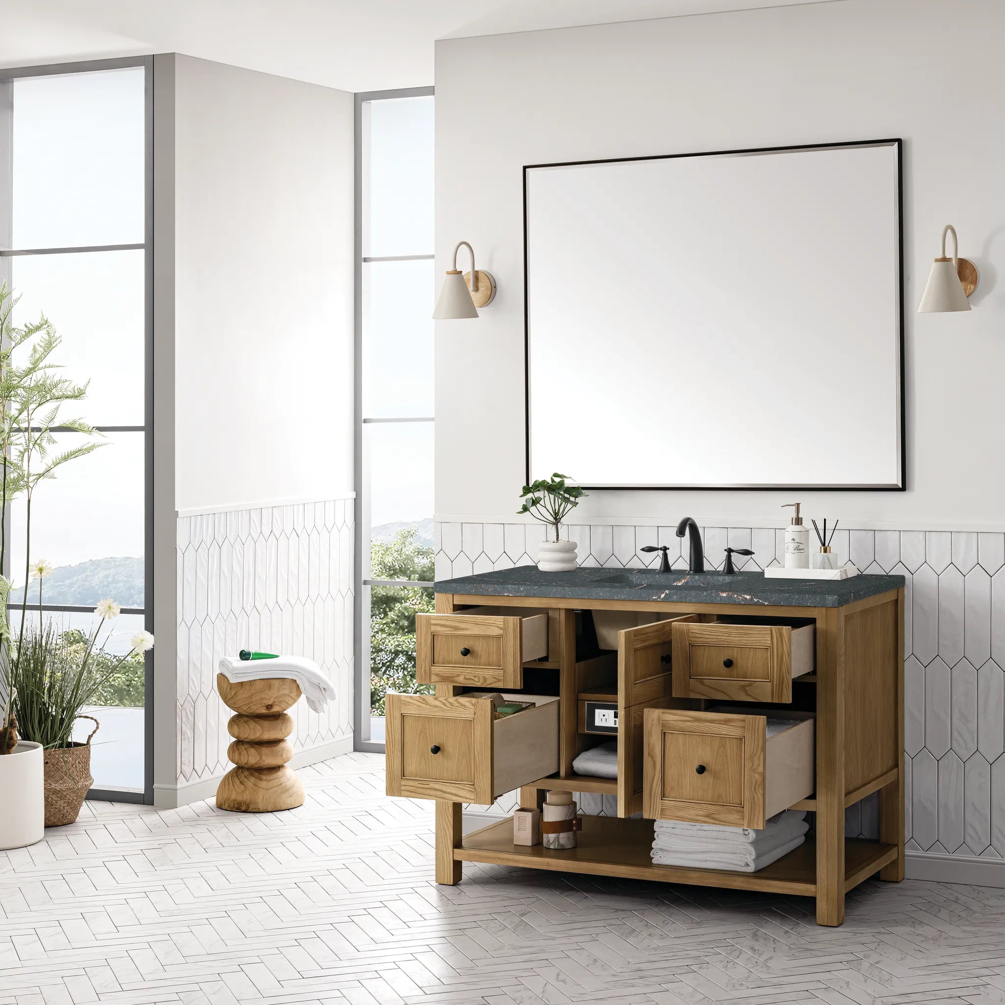 48" Breckenridge Single Vanity in Light Natural Oak Wireless Charger-Parisien Bleu Silestone-8" Widespread image 6