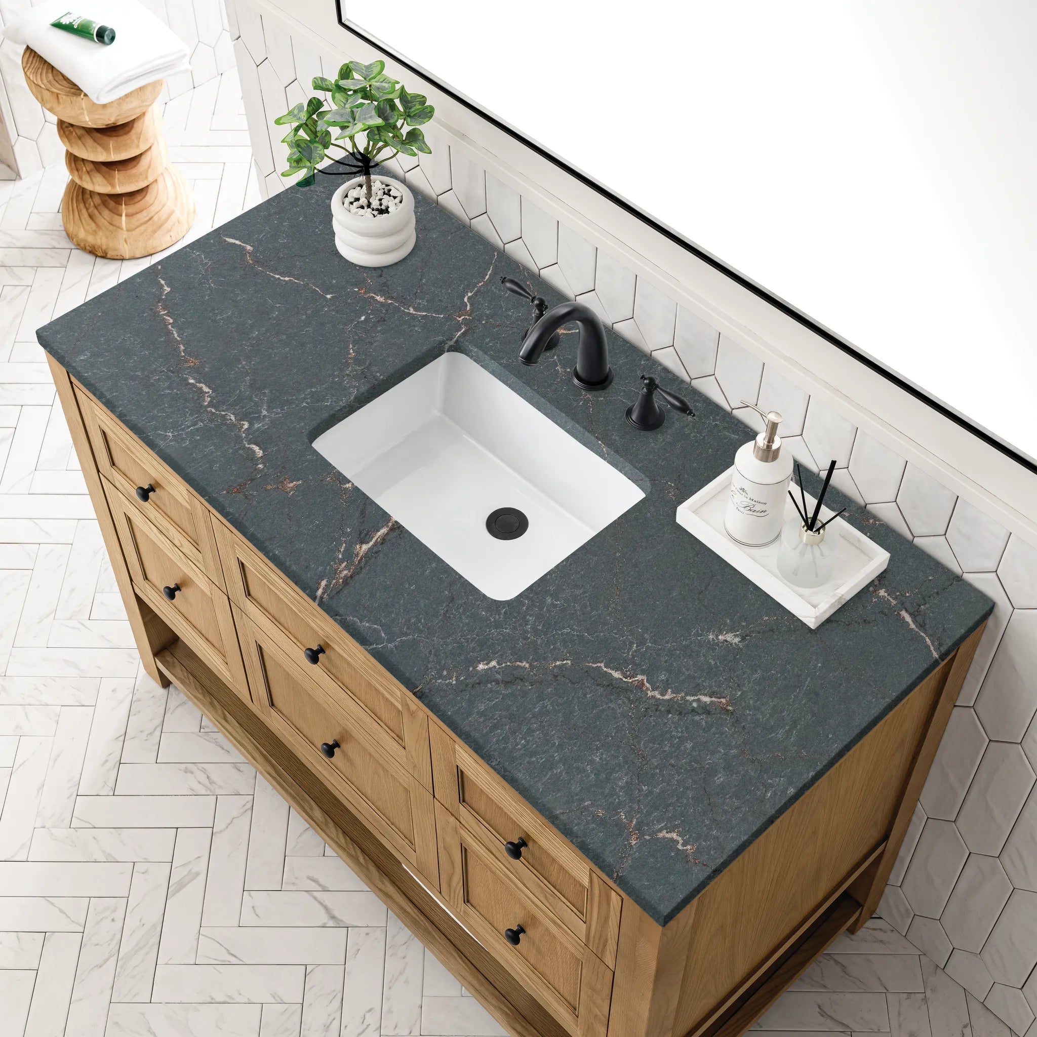 48" Breckenridge Single Vanity in Light Natural Oak Wireless Charger-Parisien Bleu Silestone-8" Widespread image 7
