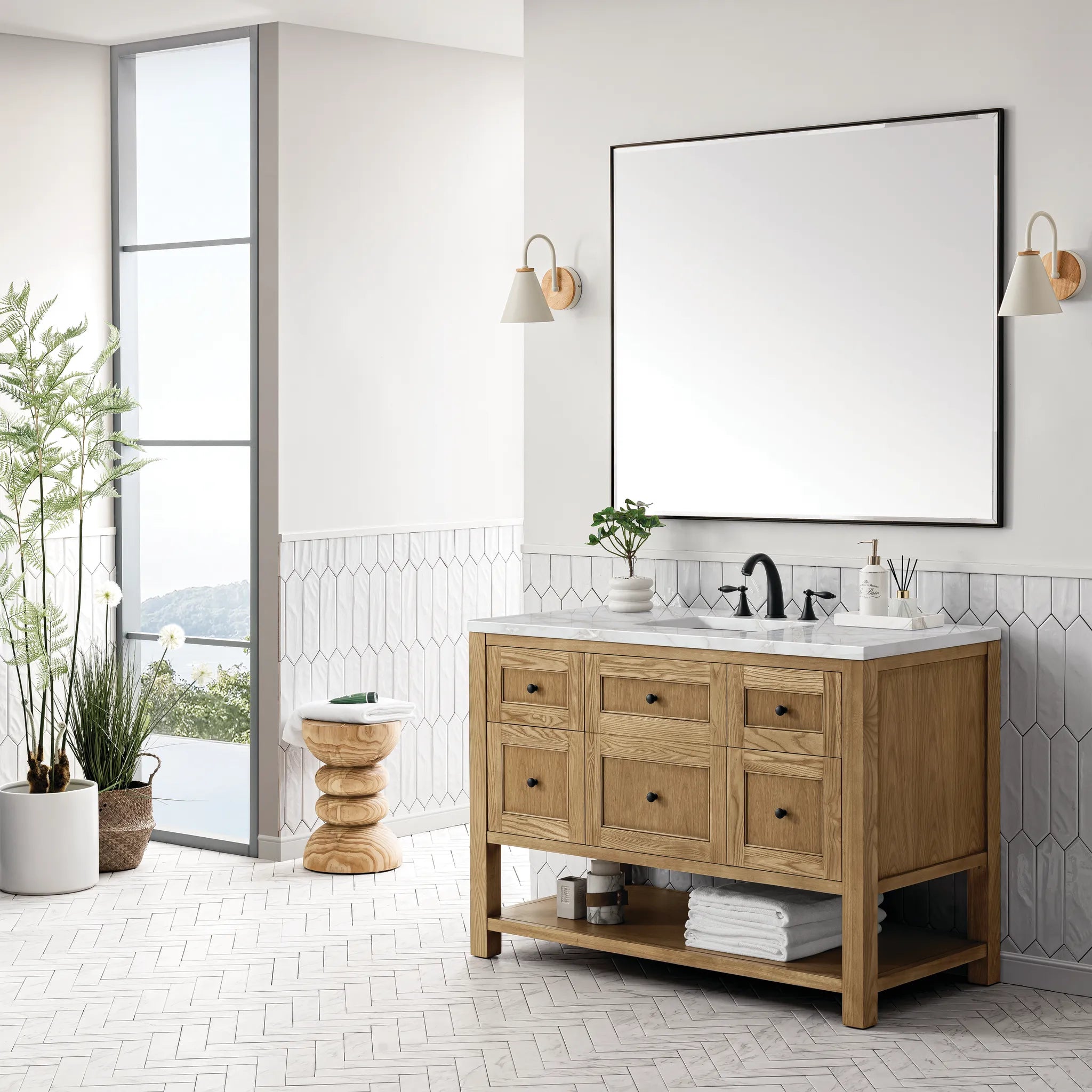 48" Breckenridge Single Vanity in Light Natural Oak Wireless Charger-Victorian Silver Silestone-8" Widespread image 5