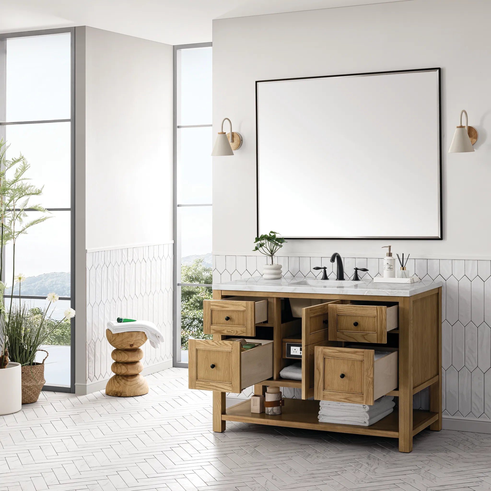 48" Breckenridge Single Vanity in Light Natural Oak Wireless Charger-Victorian Silver Silestone-8" Widespread image 6