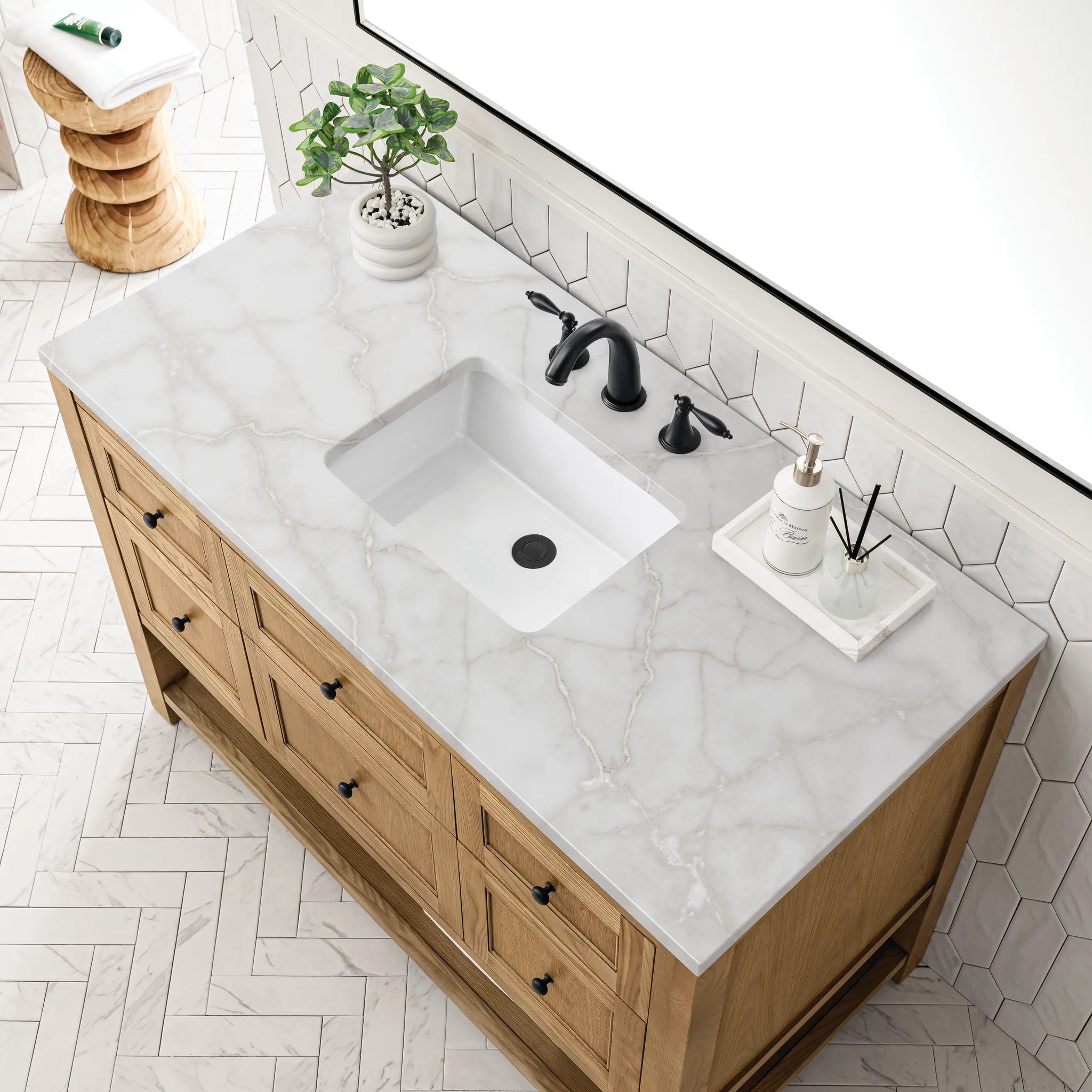 48" Breckenridge Single Vanity in Light Natural Oak Wireless Charger-Victorian Silver Silestone-8" Widespread image 7