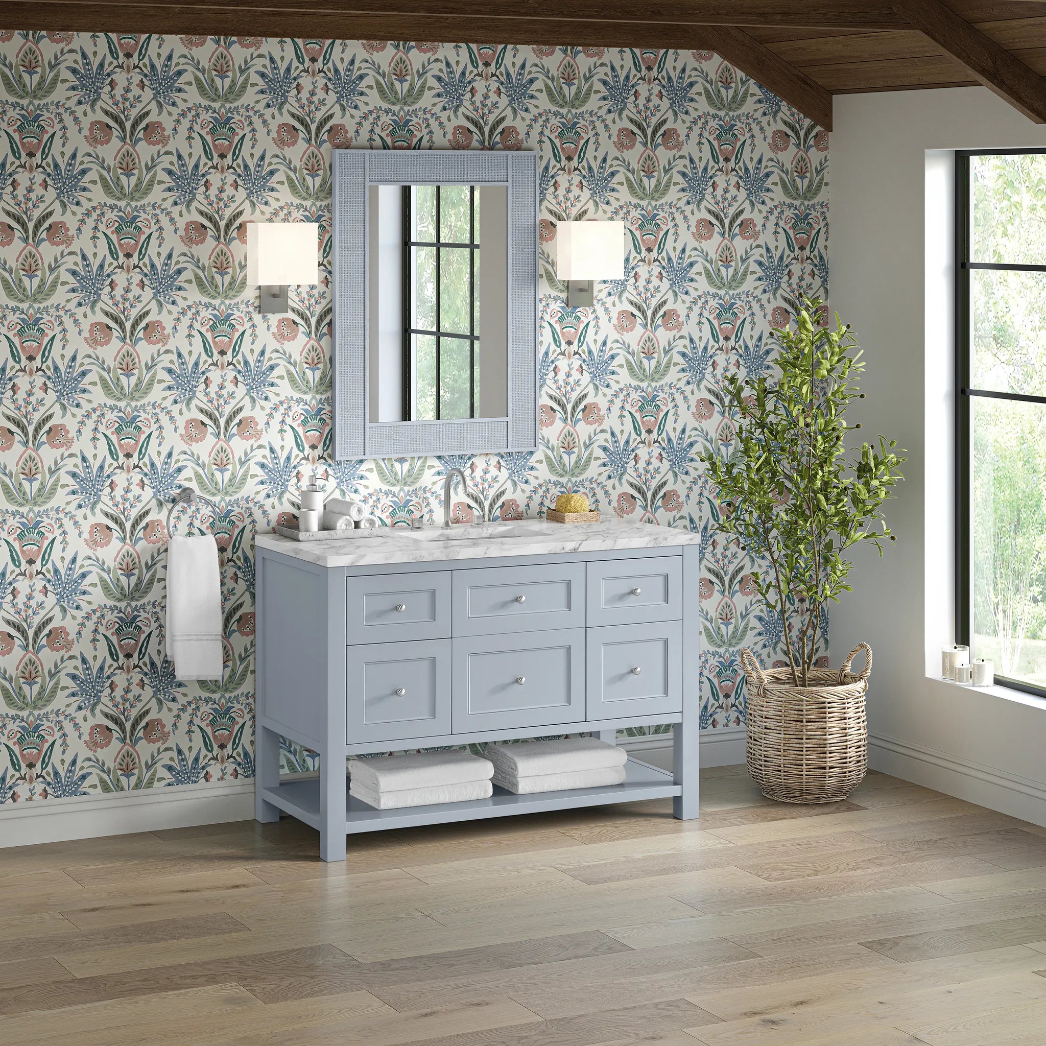 48" Breckenridge Single Vanity in Serenity Blue,-Carrara White Marble-8" Widespread image 3