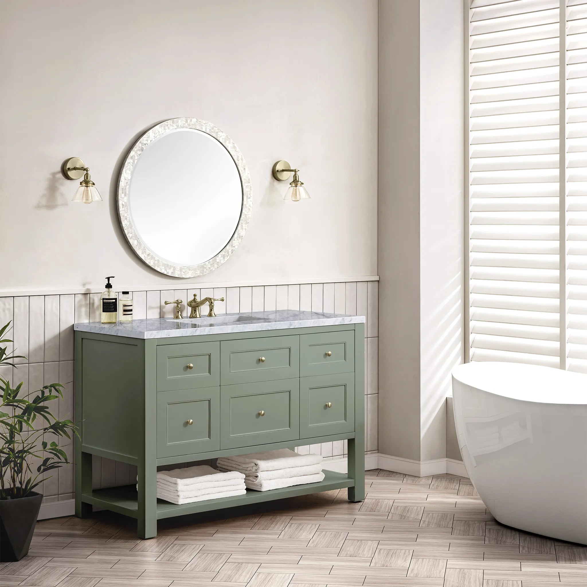 48" Breckenridge Single Vanity in Smokey Celadon-Carrara White Marble-8" Widespread image 2