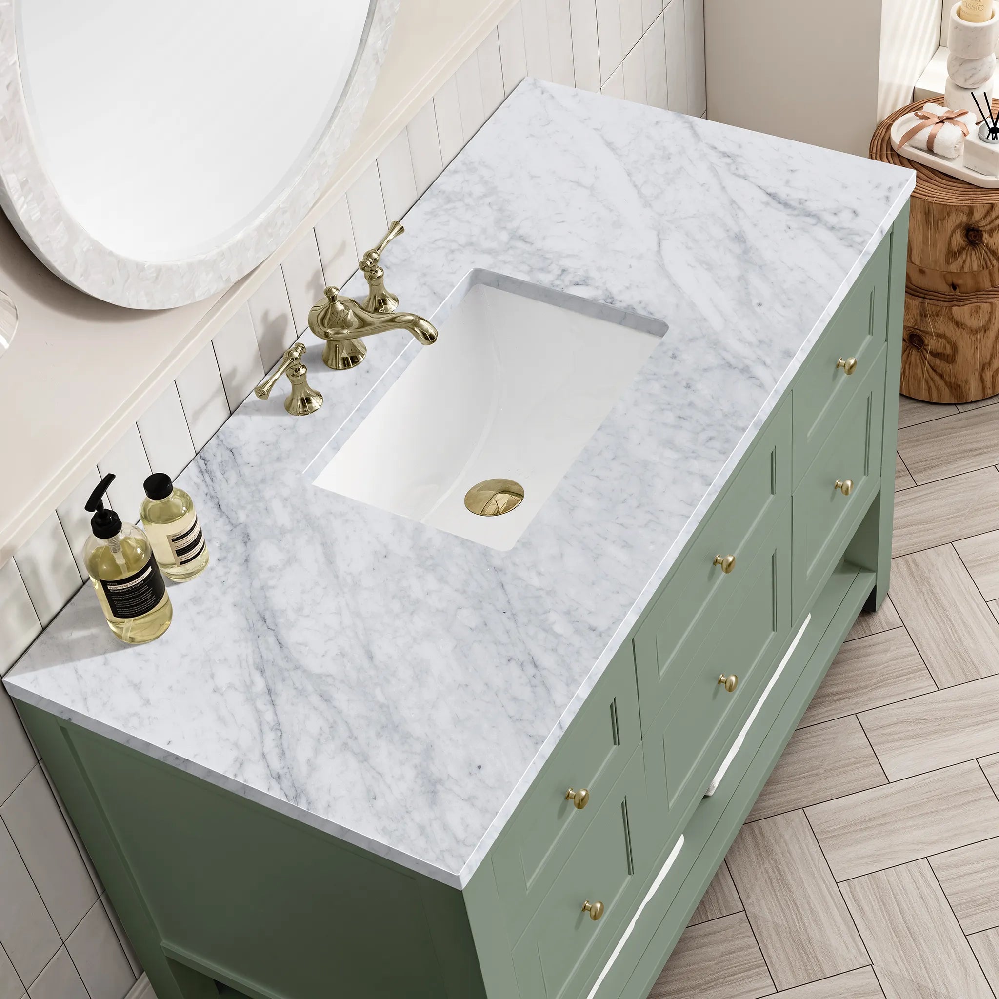 48" Breckenridge Single Vanity in Smokey Celadon-Carrara White Marble-8" Widespread image 4