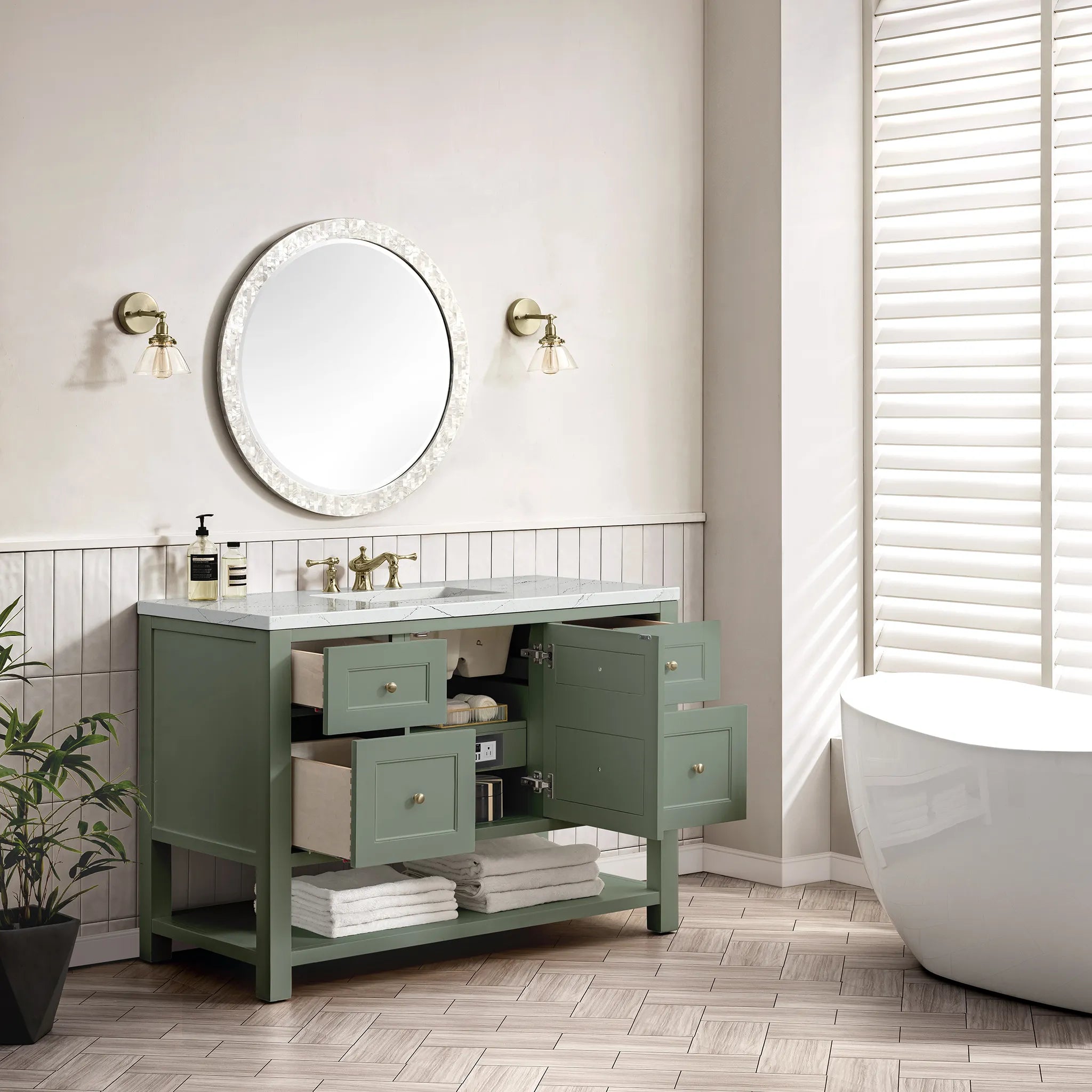 48" Breckenridge Single Vanity in Smokey Celadon Wireless Charger-Ethereal Noctis Silestone-8" Widespread image 6