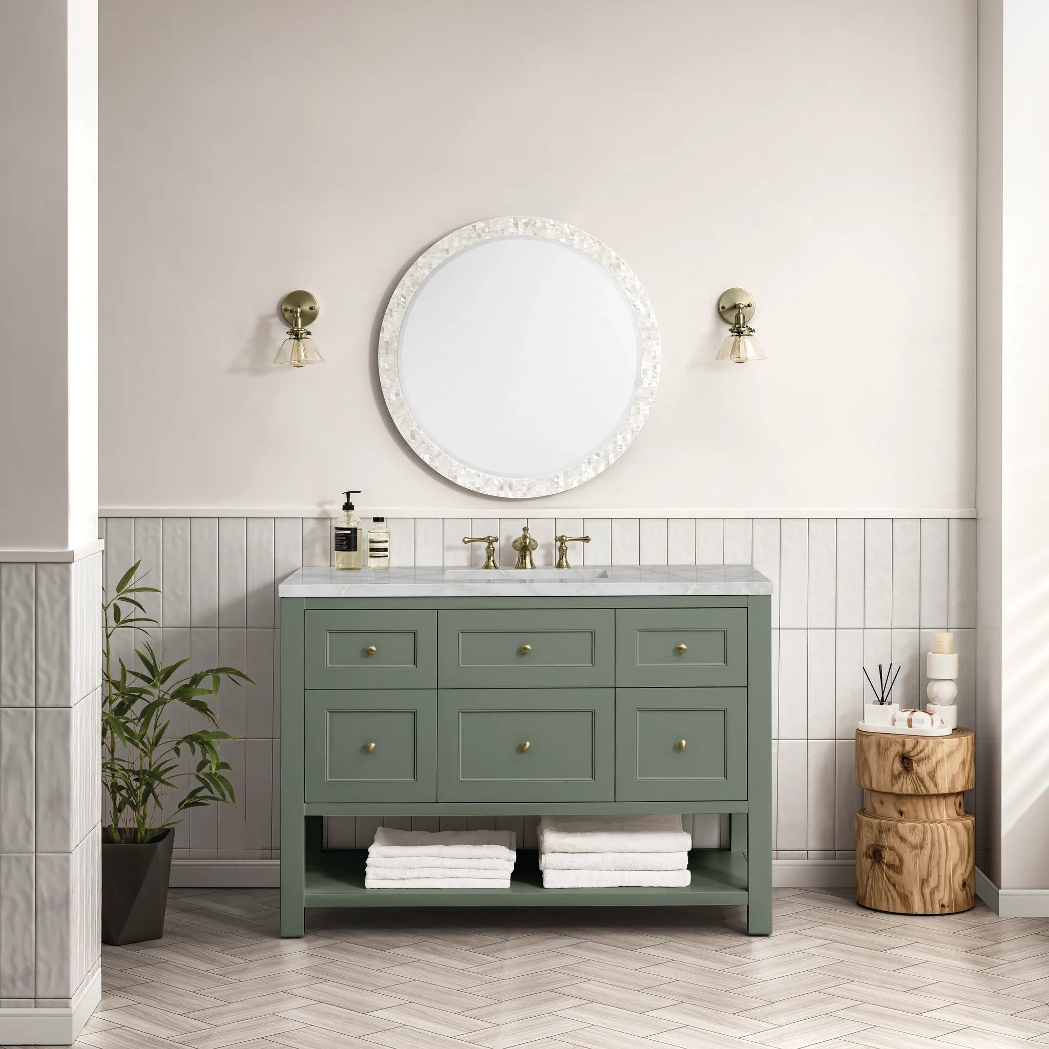 48" Breckenridge Single Vanity in Smokey Celadon Wireless Charger-Victorian Silver Silestone-8" Widespread image 4