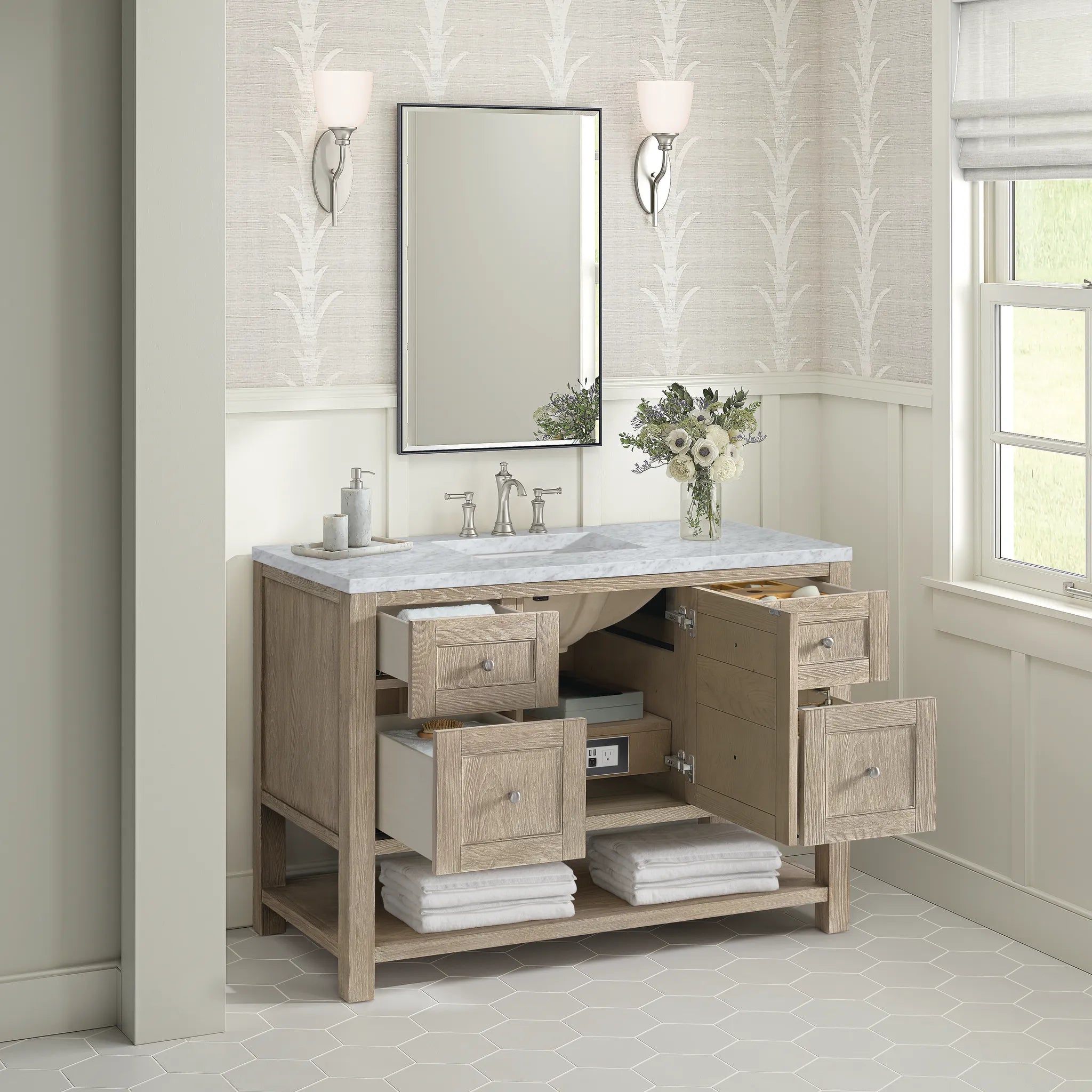 48" Breckenridge Single Vanity in Whitewashed Oak-Carrara White Marble-8" Widespread image 4