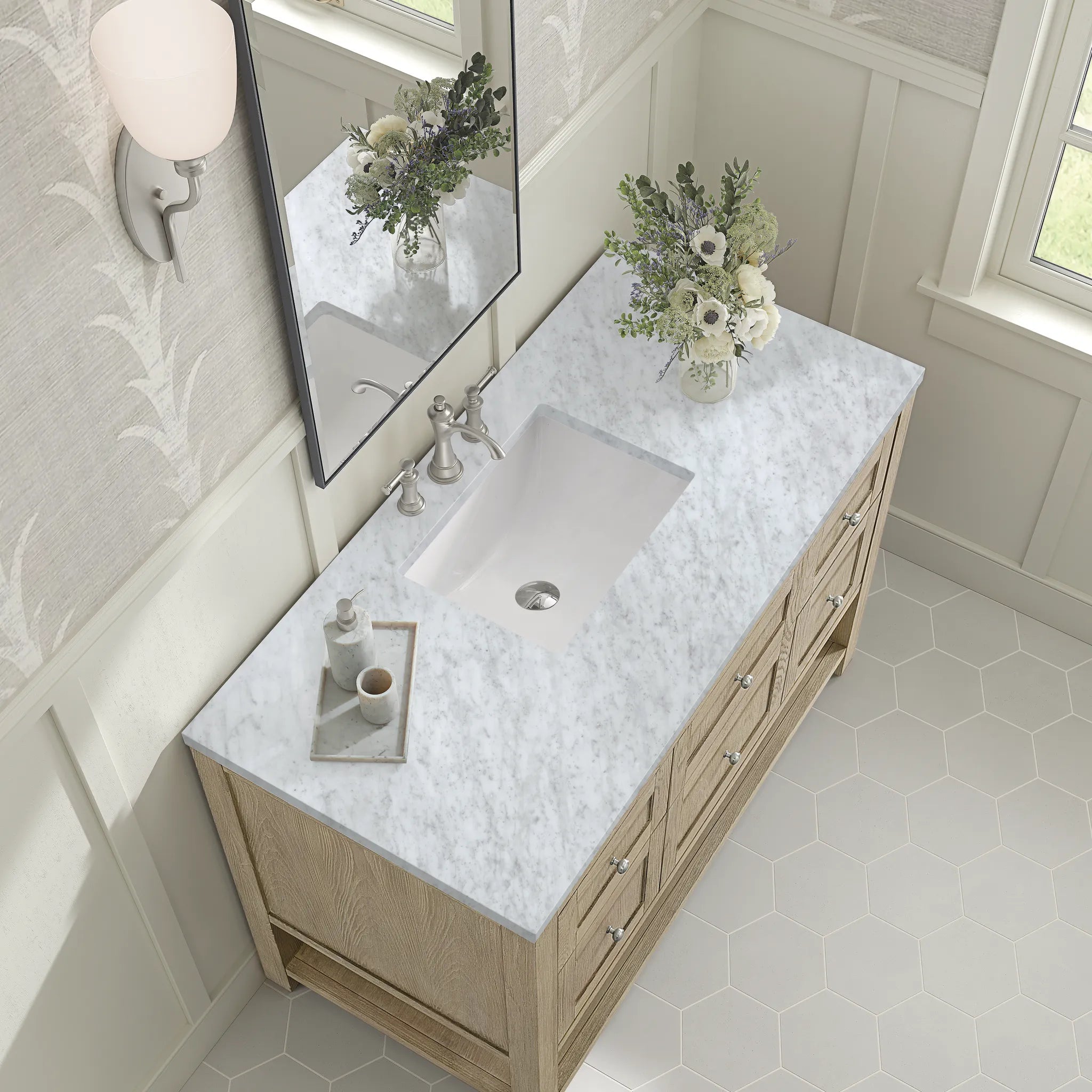 48" Breckenridge Single Vanity in Whitewashed Oak-Carrara White Marble-8" Widespread image 6