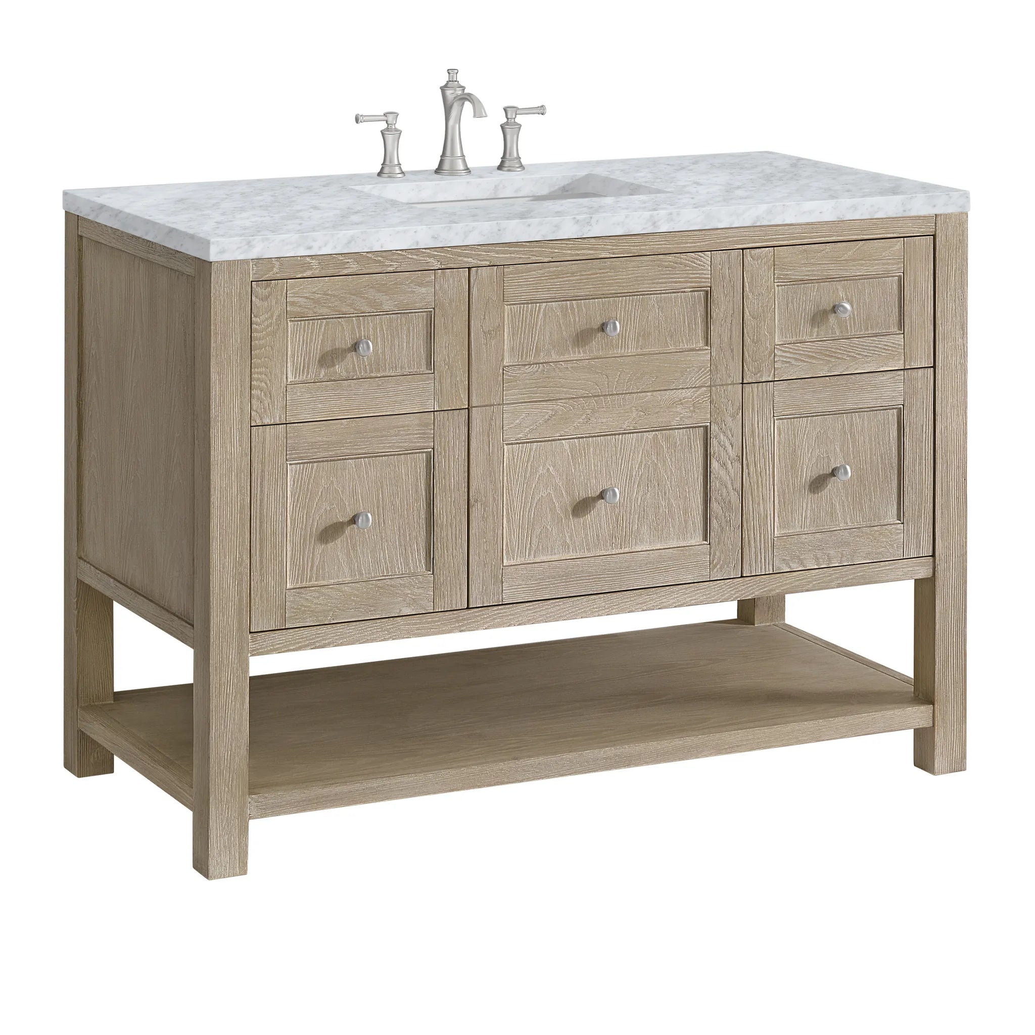 48" Breckenridge Single Vanity in Whitewashed Oak-Carrara White Marble-8" Widespread image 8