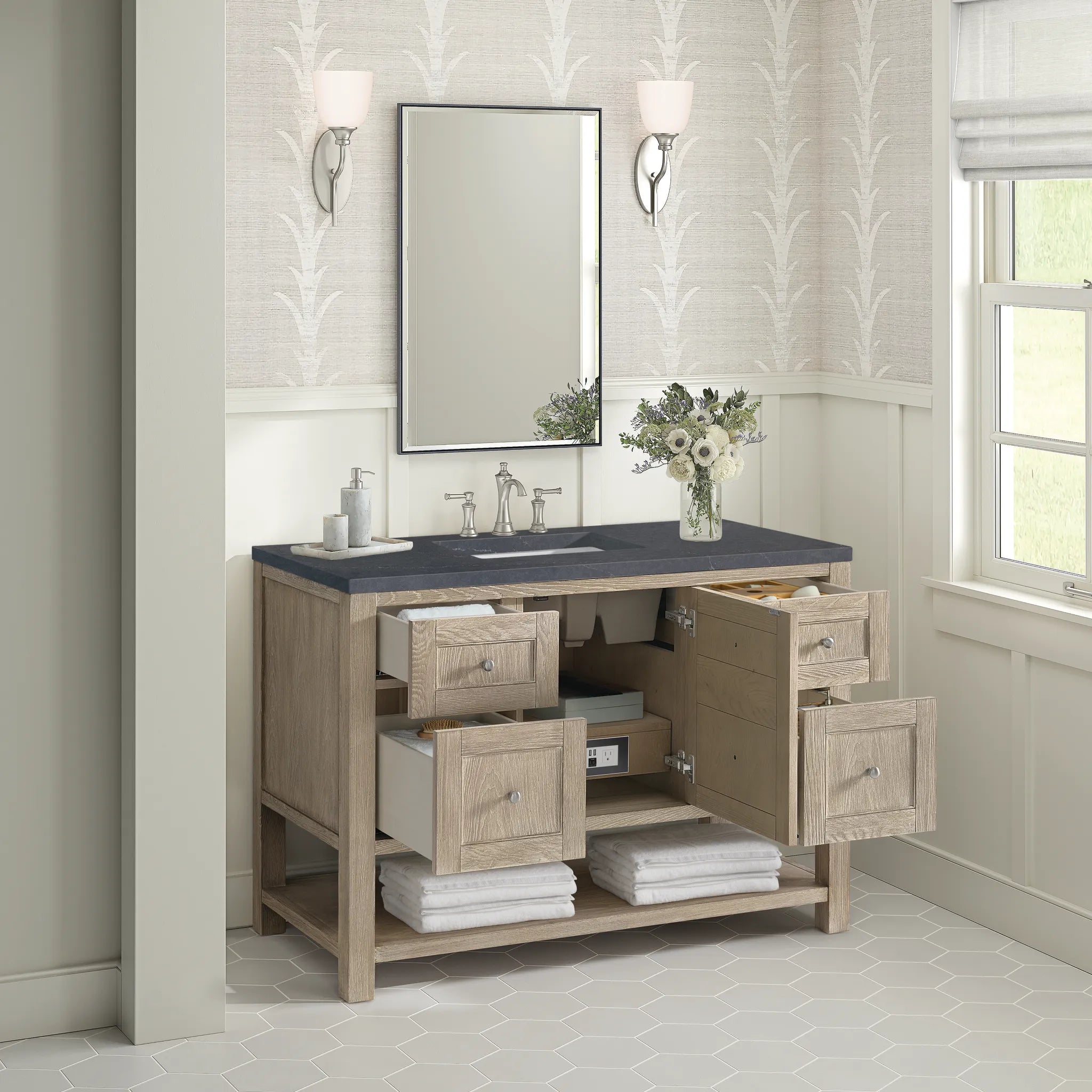 48" Breckenridge Single Vanity in Whitewashed Oak-Charcoal Soapstone Silestone-8" Widespread image 4