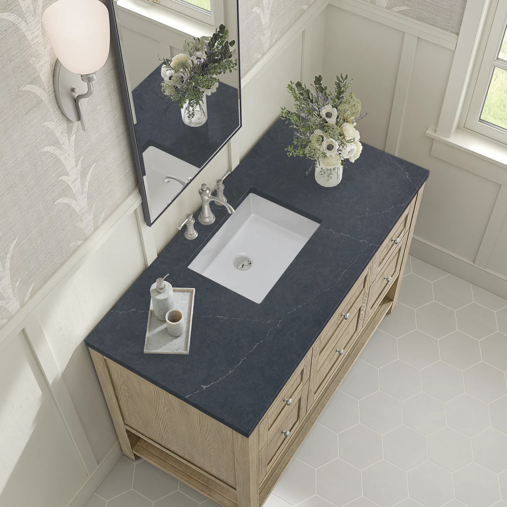 48" Breckenridge Single Vanity in Whitewashed Oak-Charcoal Soapstone Silestone-8" Widespread image 6