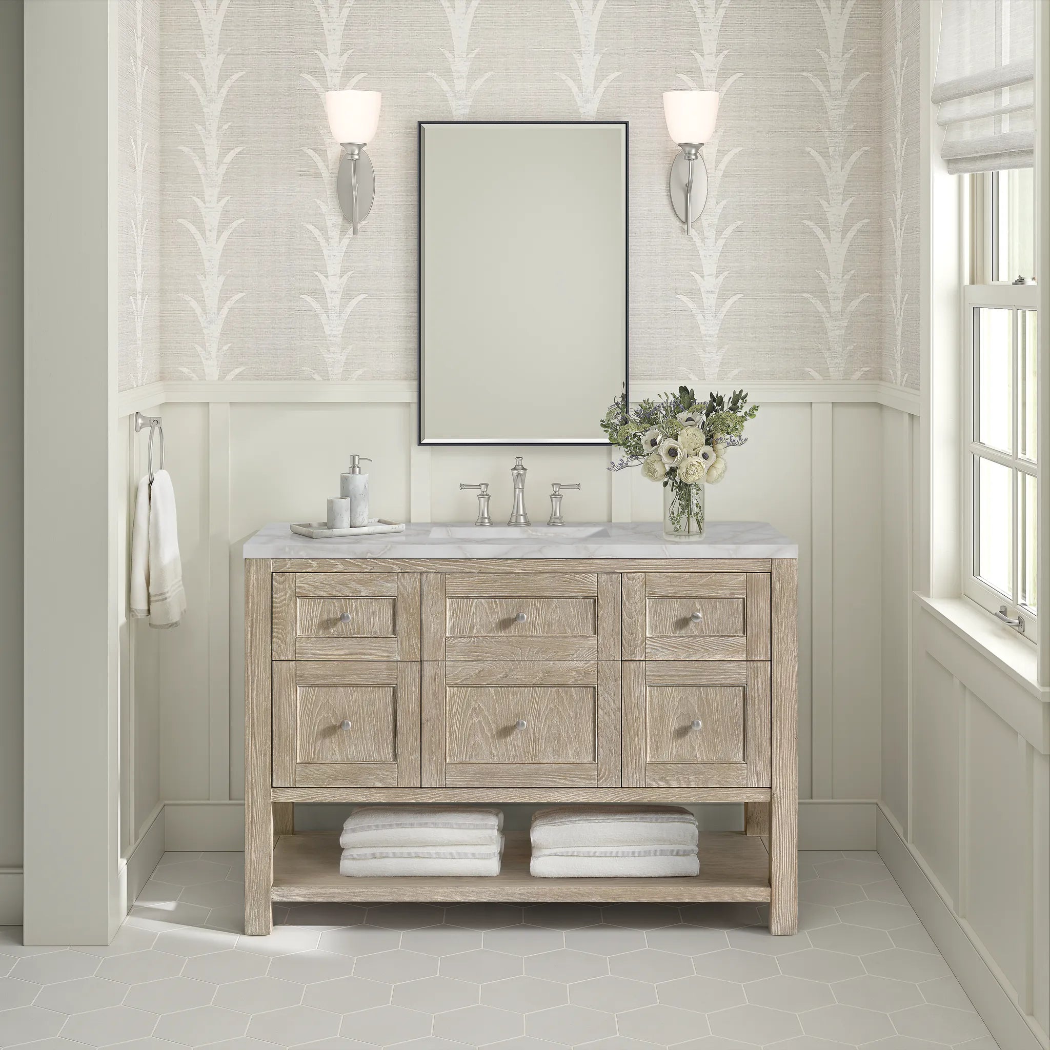 48" Breckenridge Single Vanity in Whitewashed Oak-Victorian Silver Silestone-8" Widespread image 2
