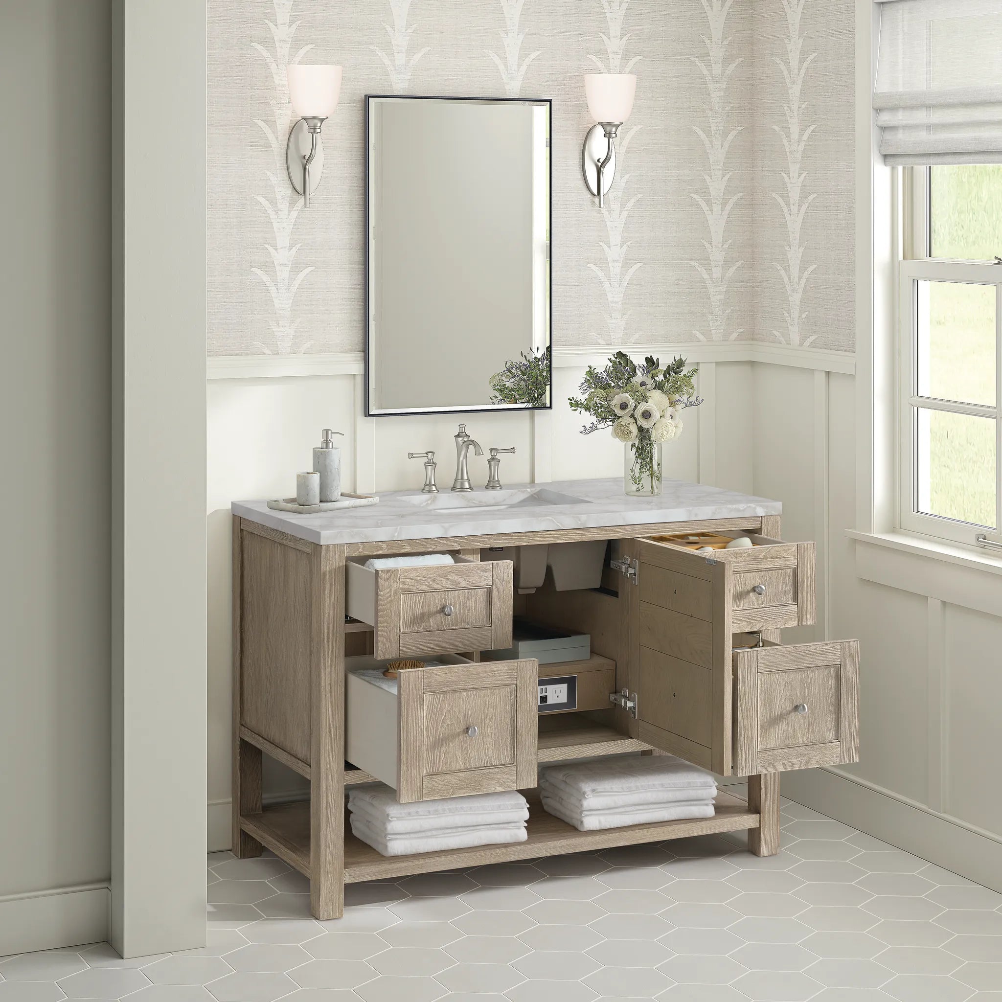 48" Breckenridge Single Vanity in Whitewashed Oak-Victorian Silver Silestone-8" Widespread image 4