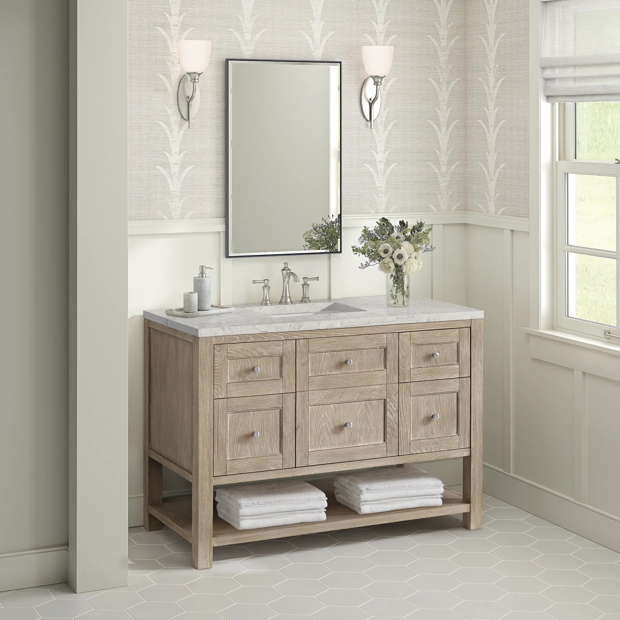 48" Breckenridge Single Vanity in Whitewashed Oak Wireless Charger-Eternal Jasmine Pearl Silestone-8" Widespread image 6