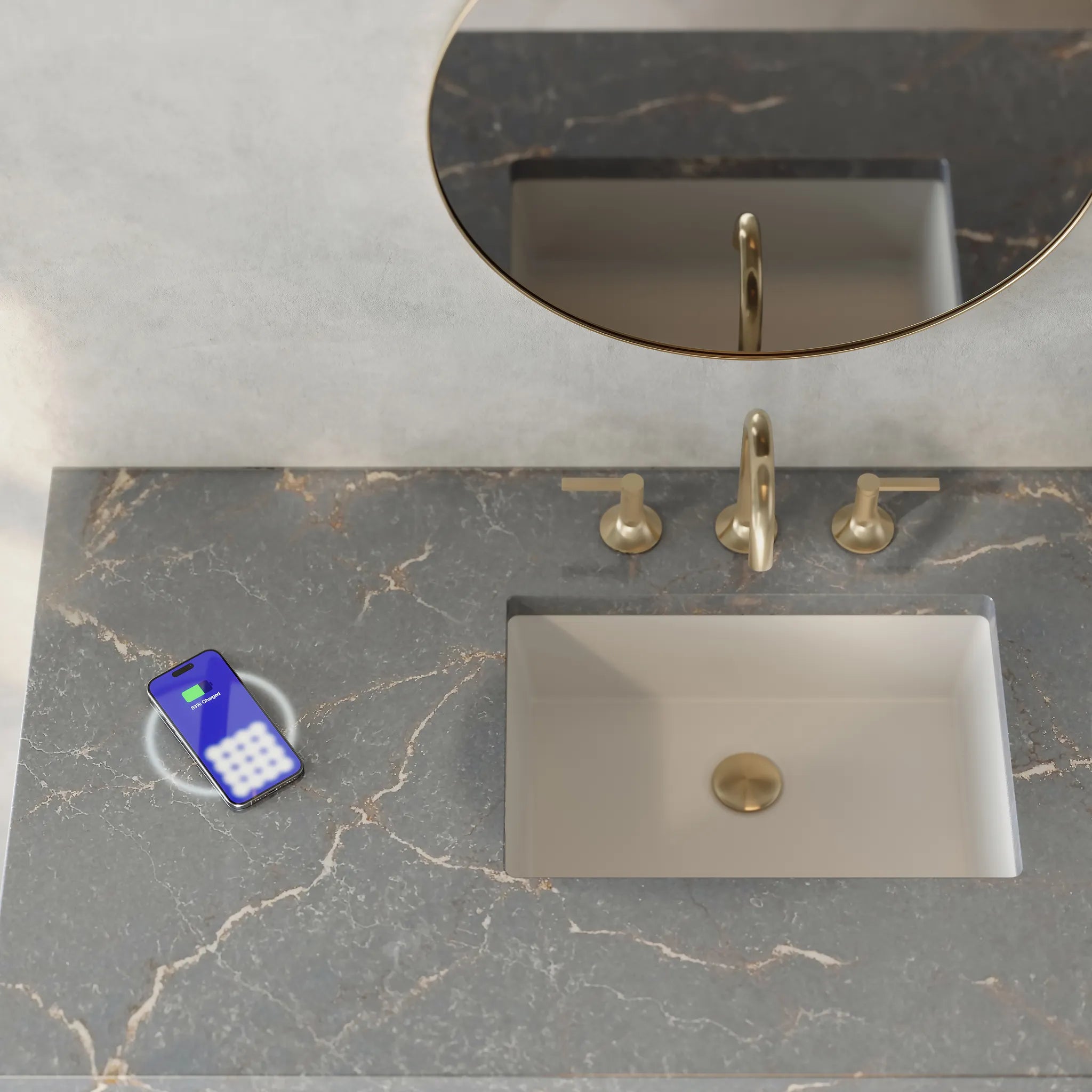 48" Breckenridge Single Vanity in Whitewashed Oak Wireless Charger-Parisien Bleu Silestone-8" Widespread image 1