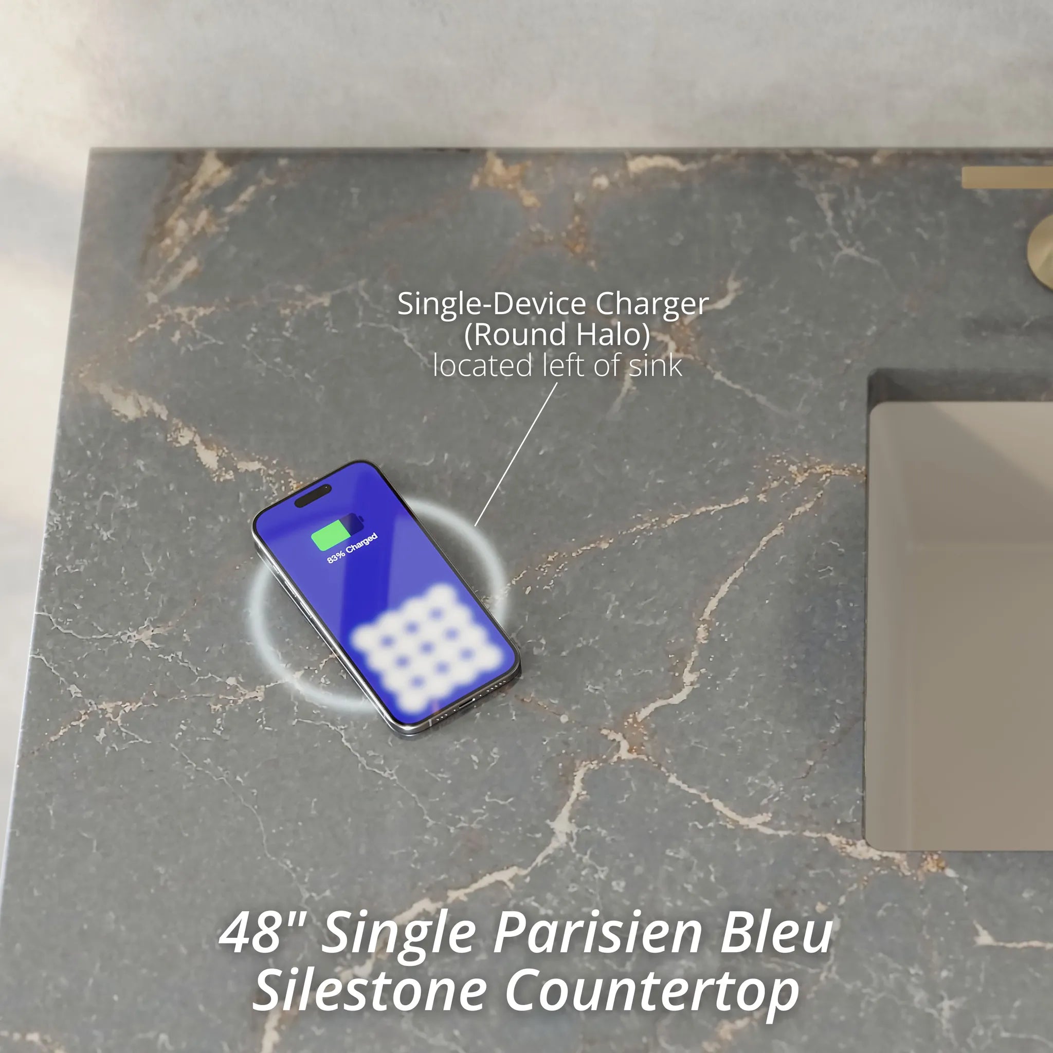 48" Breckenridge Single Vanity in Whitewashed Oak Wireless Charger-Parisien Bleu Silestone-8" Widespread image 2