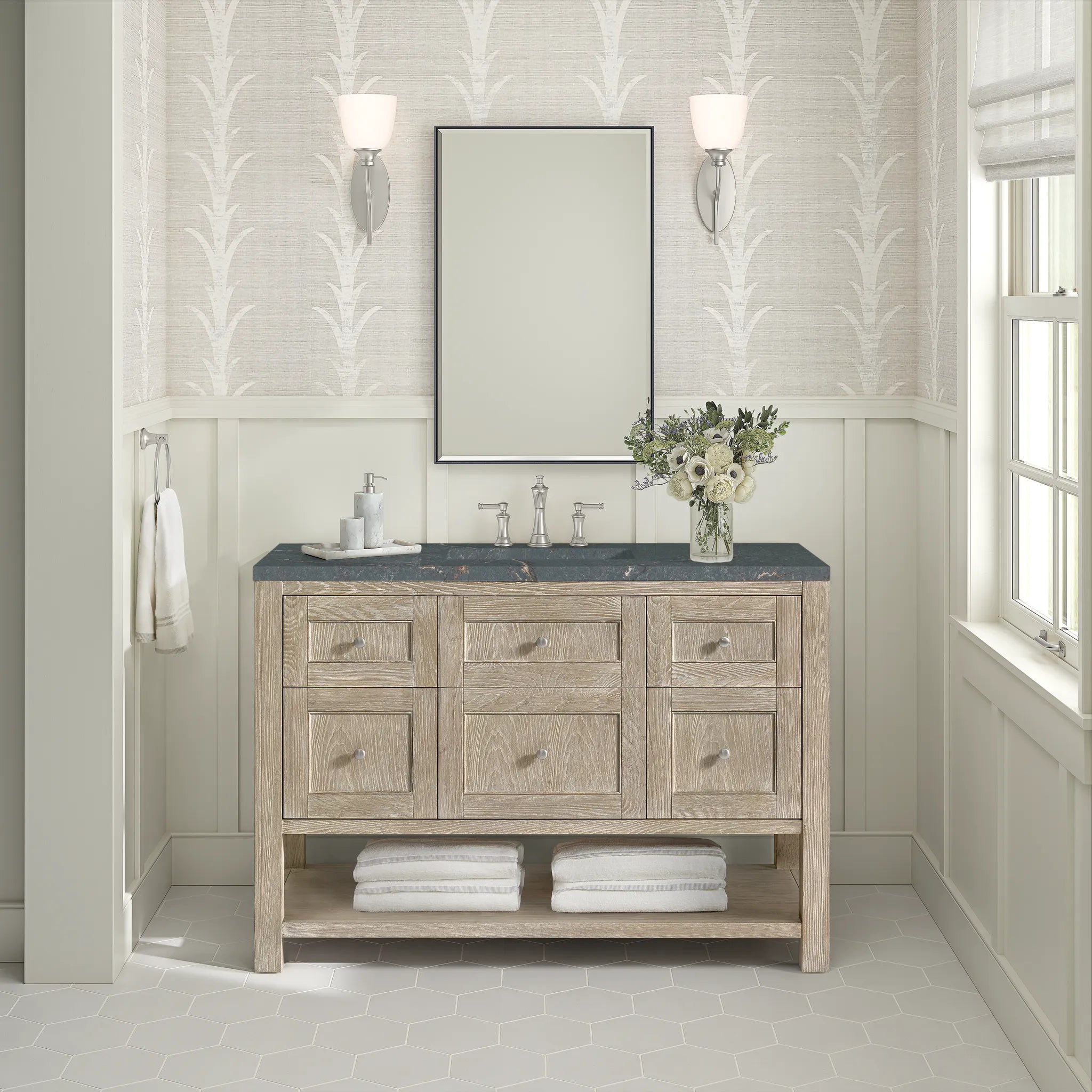 48" Breckenridge Single Vanity in Whitewashed Oak Wireless Charger-Parisien Bleu Silestone-8" Widespread image 5