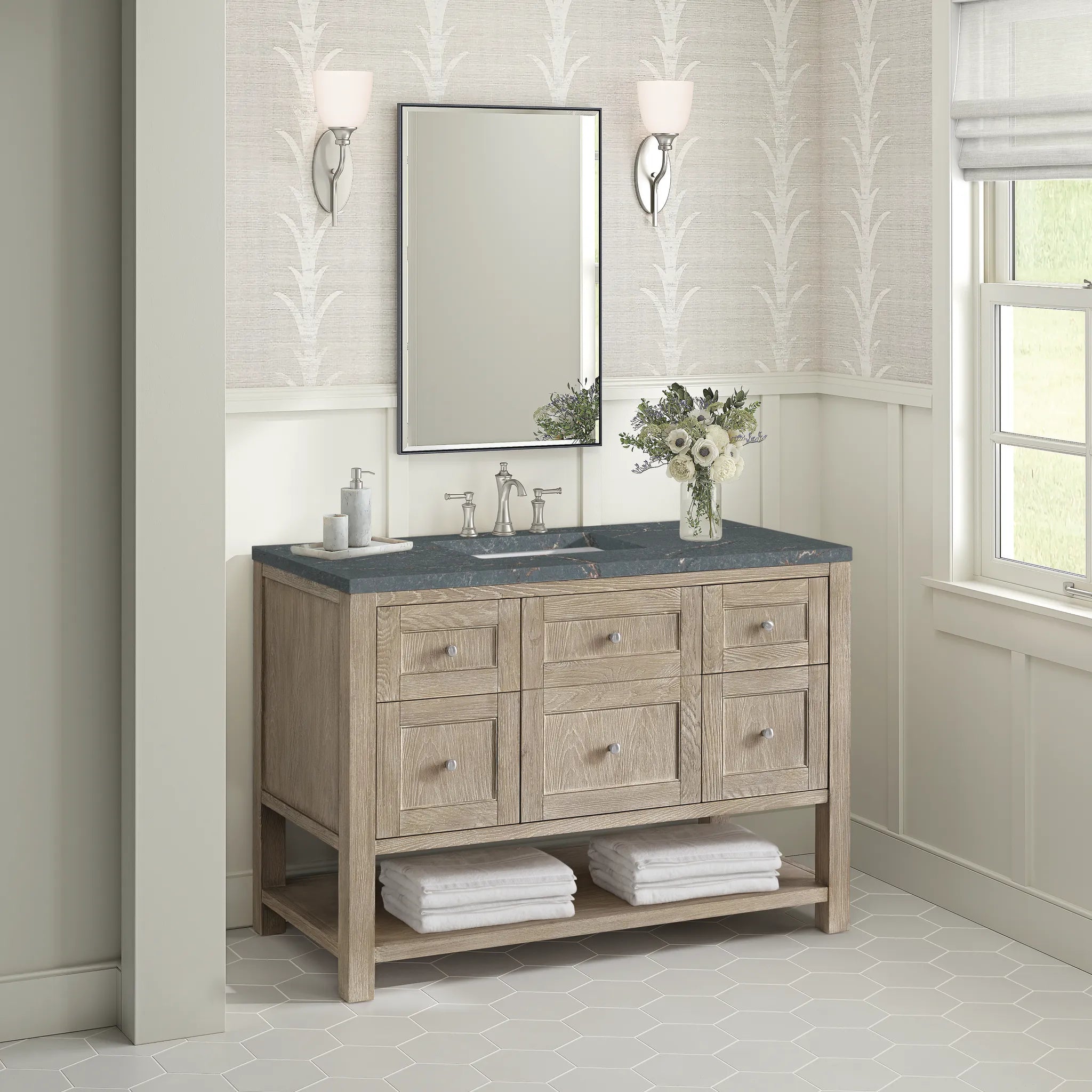 48" Breckenridge Single Vanity in Whitewashed Oak Wireless Charger-Parisien Bleu Silestone-8" Widespread image 6