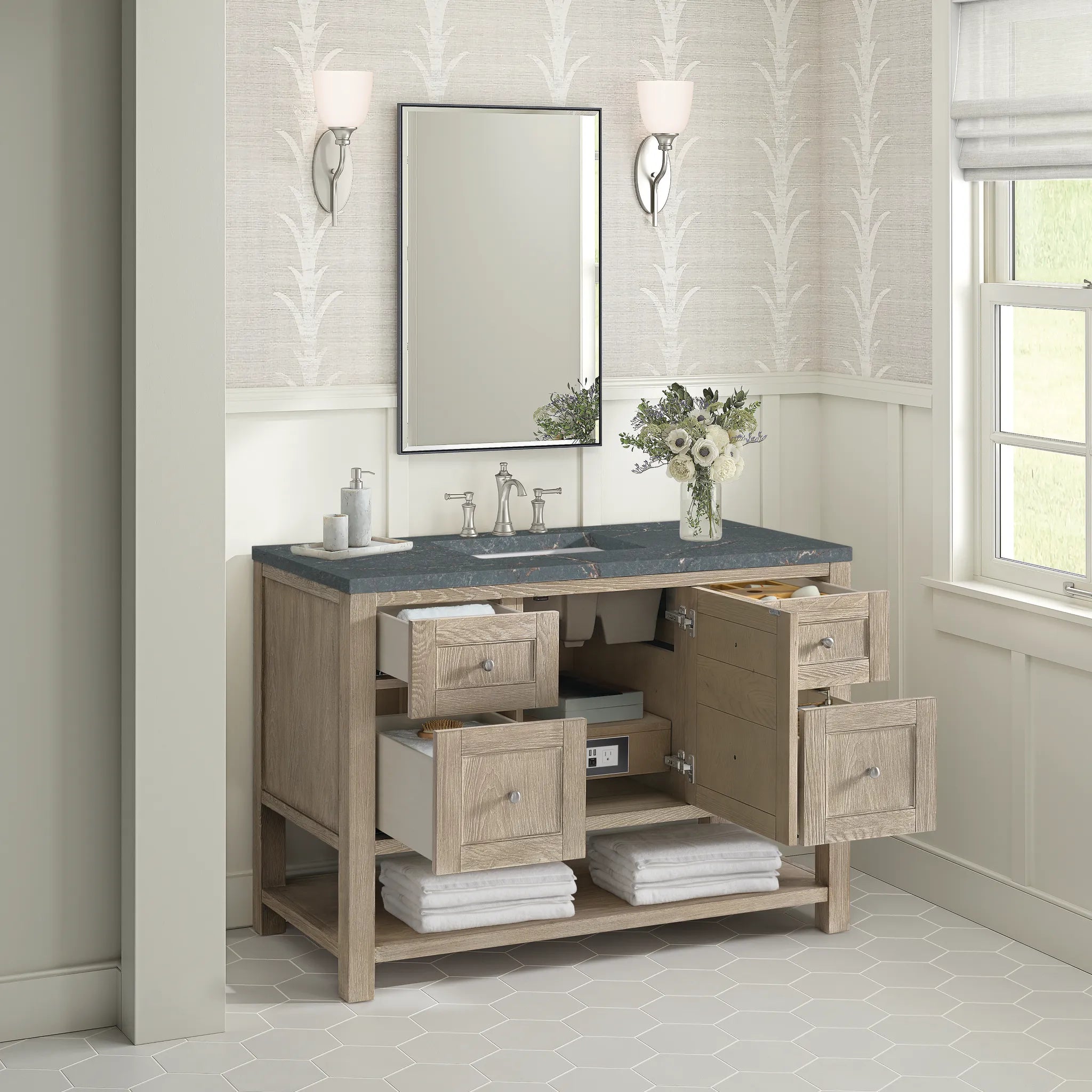 48" Breckenridge Single Vanity in Whitewashed Oak Wireless Charger-Parisien Bleu Silestone-8" Widespread image 7