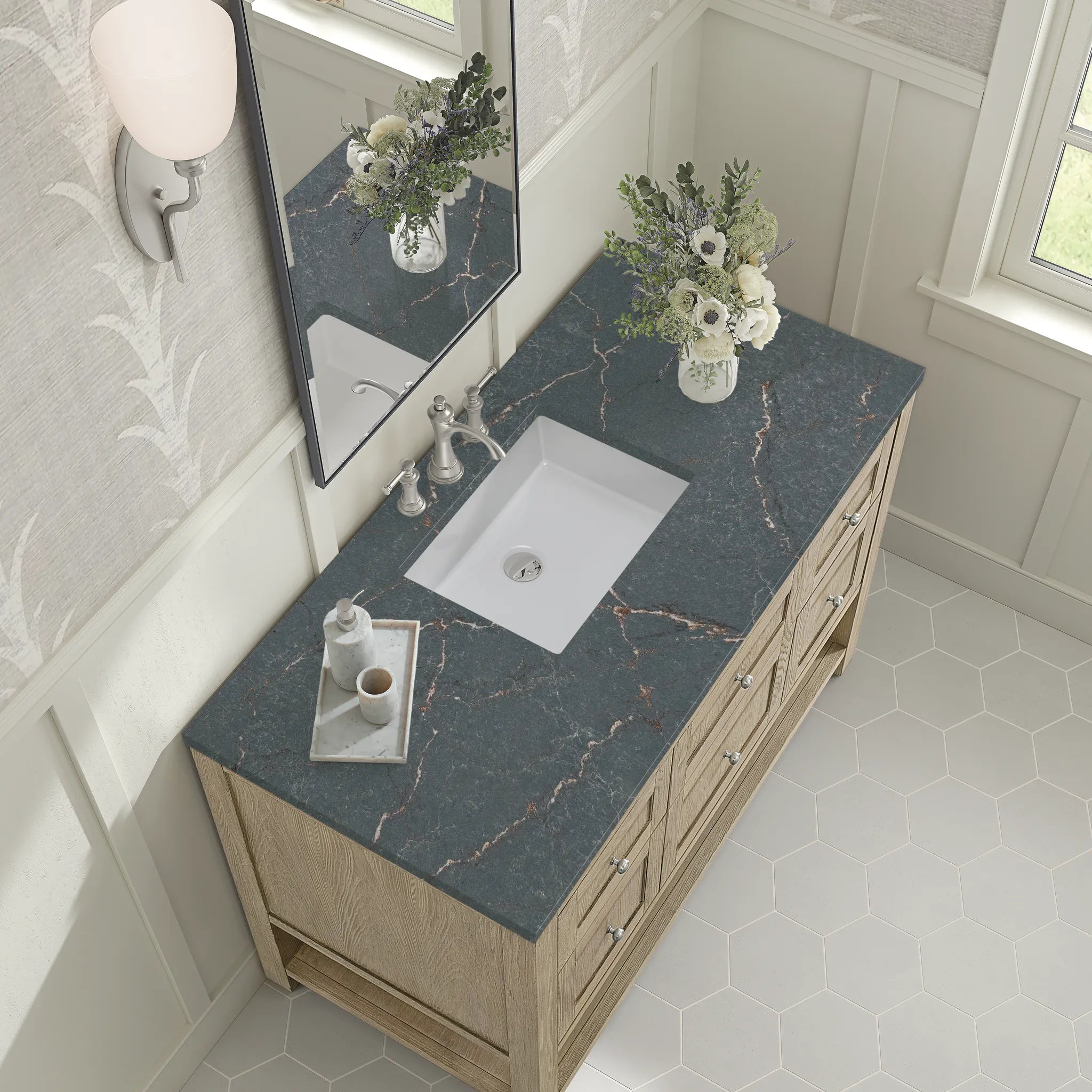 48" Breckenridge Single Vanity in Whitewashed Oak Wireless Charger-Parisien Bleu Silestone-8" Widespread image 9