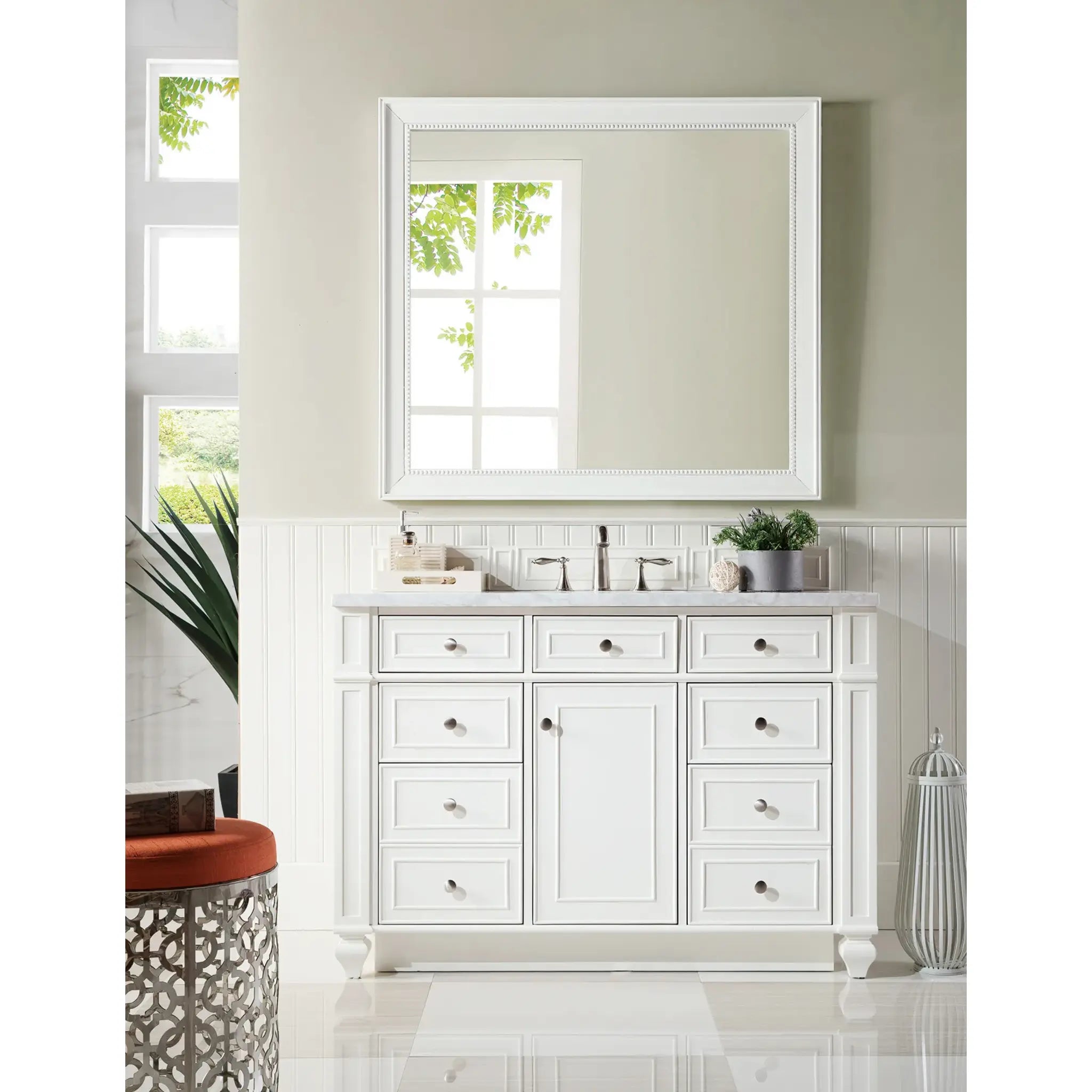 48" Bristol Single Vanity in Bright White-Carrara White Marble-8" Widespread image 1