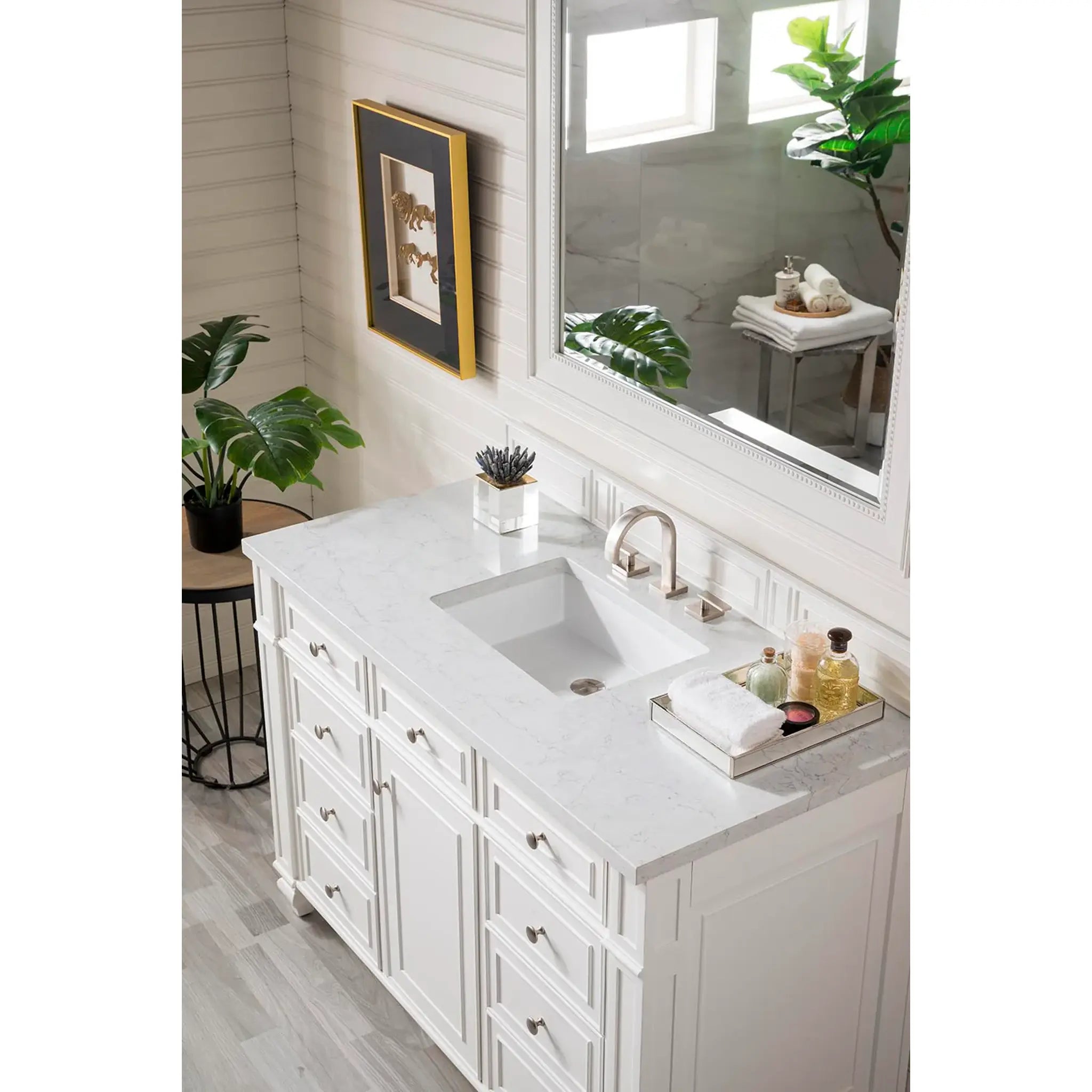 48" Bristol Single Vanity in Bright White-Eternal Jasmine Pearl Silestone-8" Widespread image 2