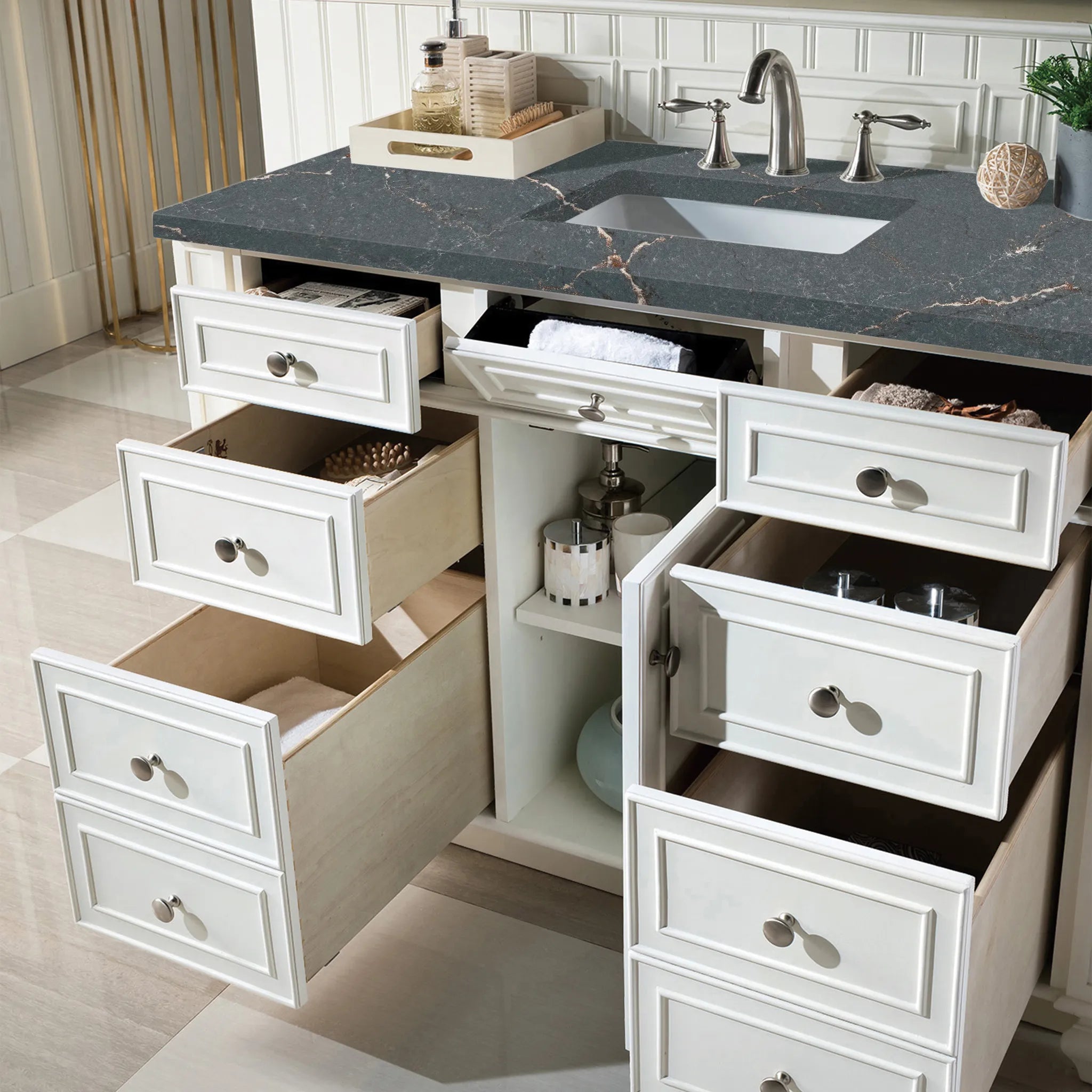 48" Bristol Single Vanity in Bright White-Parisien Bleu Silestone-8" Widespread image 3