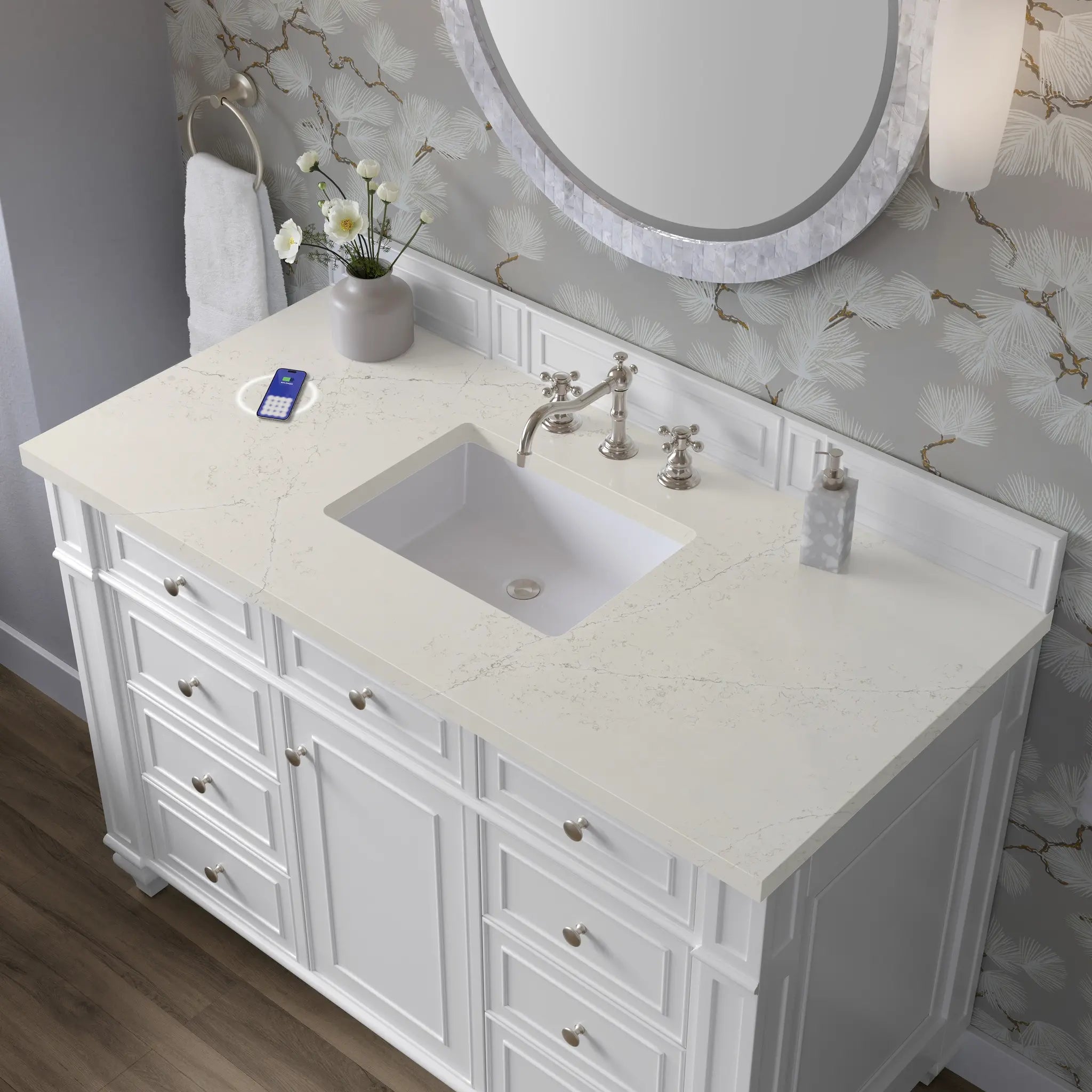 48 Bristol Single Vanity In Bright White Power Enabled Siberian Silestone 8 Widespread 7